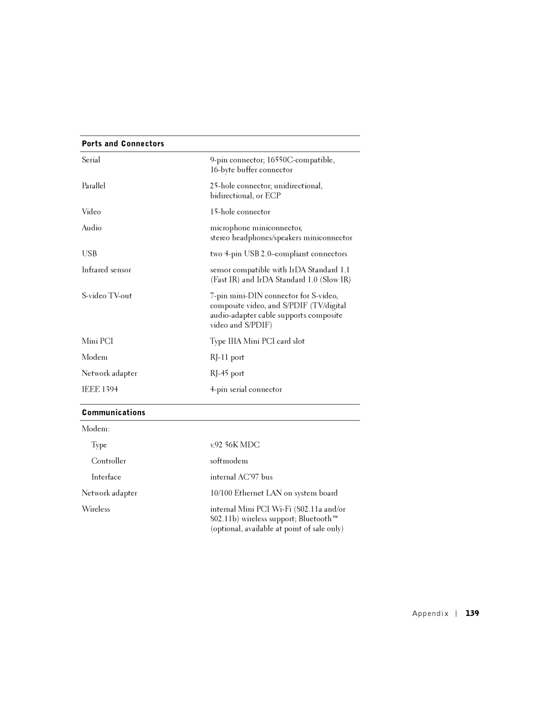 Dell 8500 manual Ports and Connectors, Communications, 139 