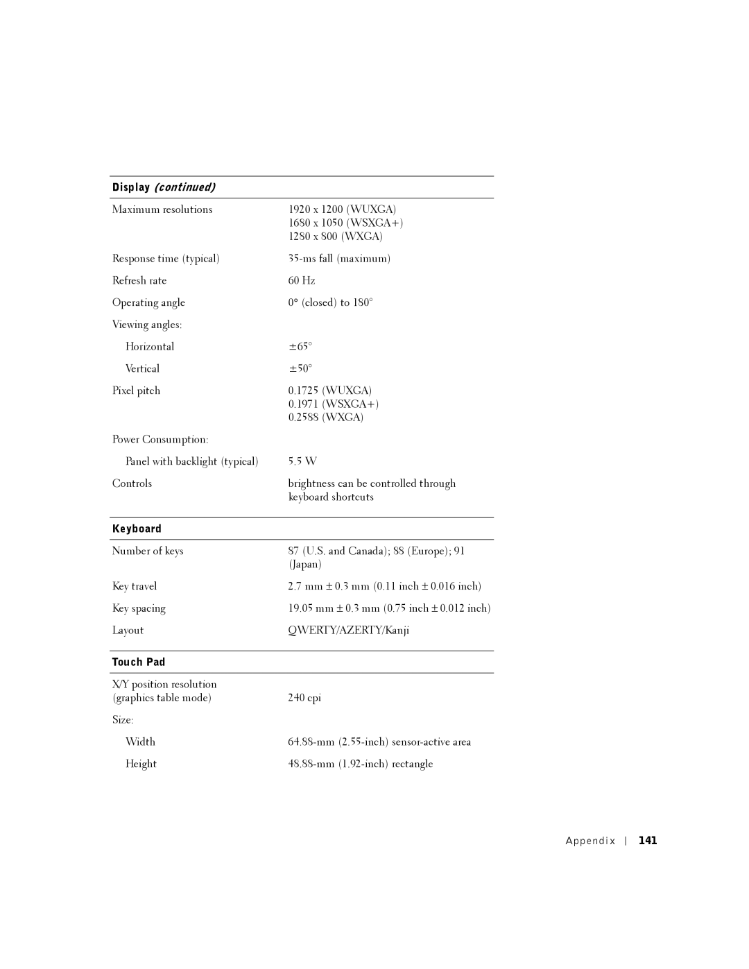 Dell 8500 manual Keyboard, 141 