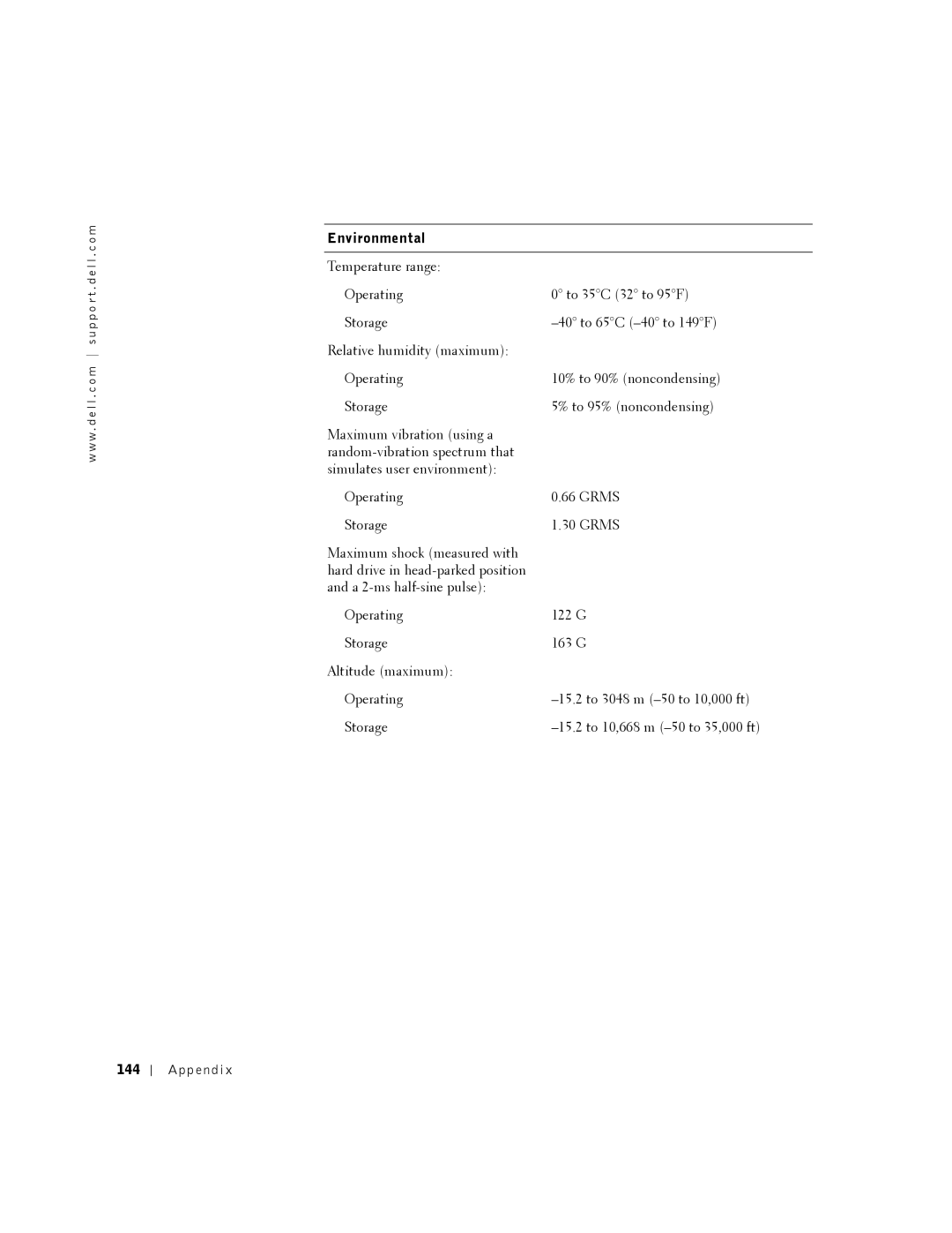 Dell 8500 manual Environmental, 144 