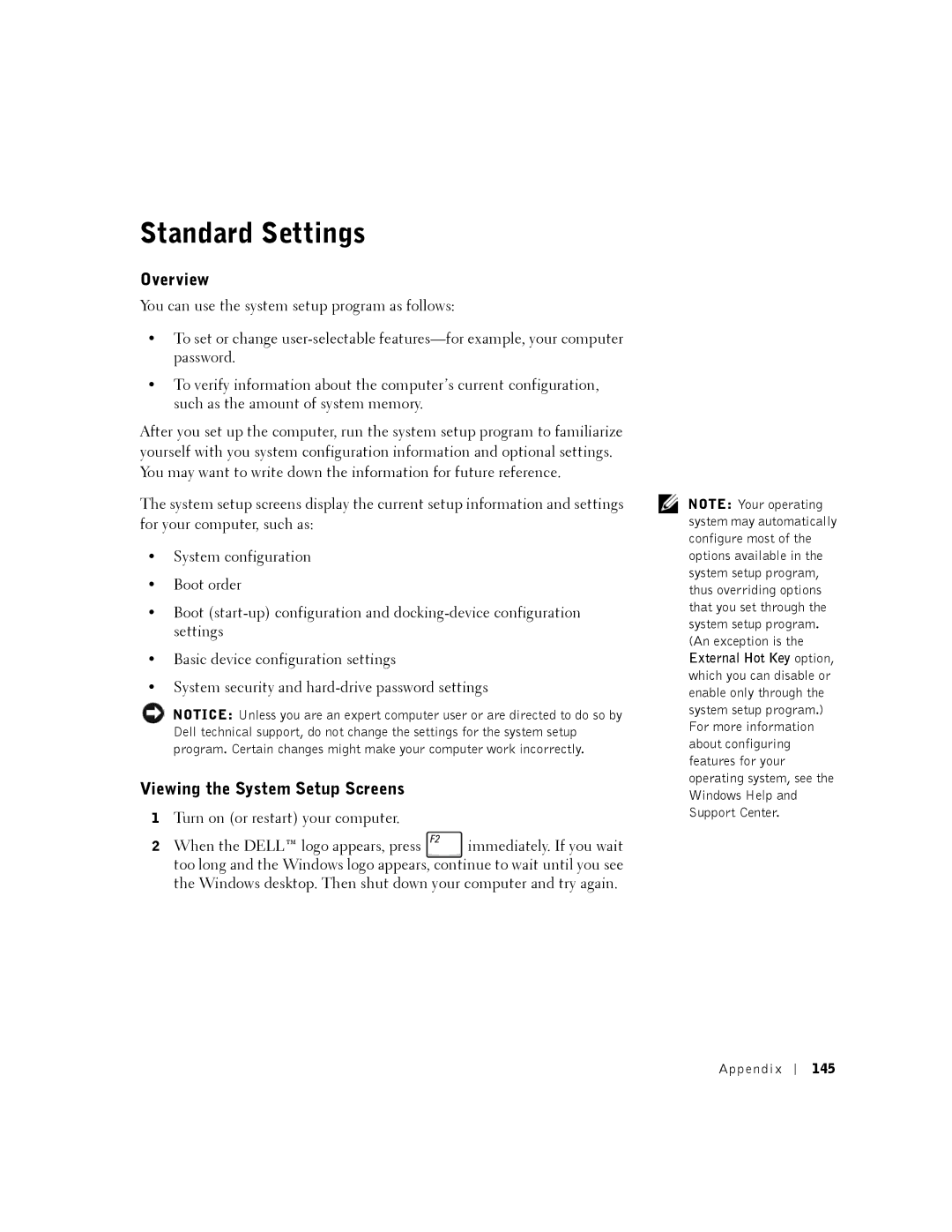 Dell 8500 manual Standard Settings, Overview, Viewing the System Setup Screens 