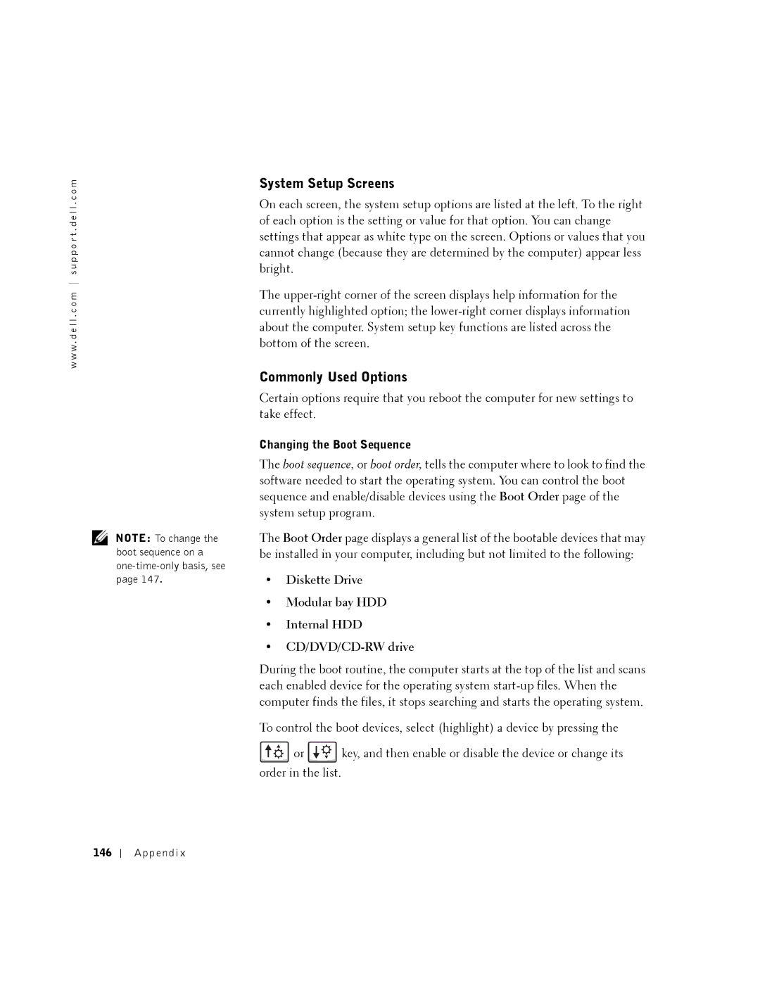 Dell 8500 manual System Setup Screens, Commonly Used Options, Changing the Boot Sequence, 146 