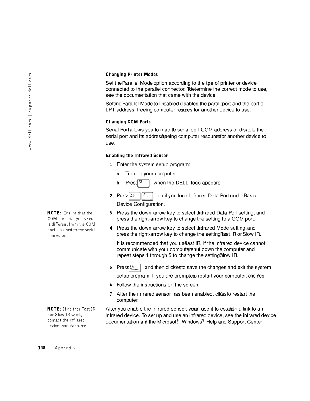 Dell 8500 manual Changing Printer Modes, Changing COM Ports, Enabling the Infrared Sensor, 148 