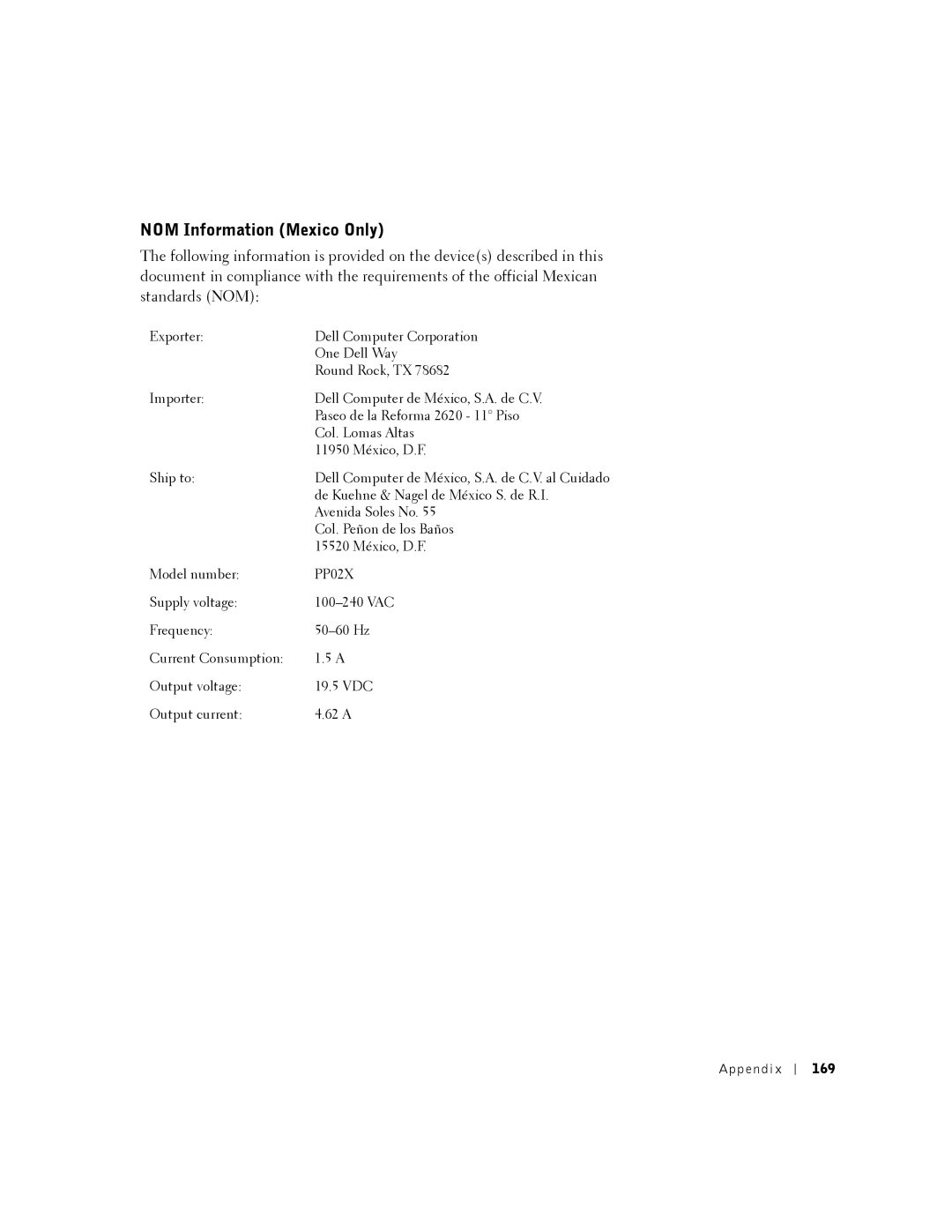 Dell 8500 manual NOM Information Mexico Only, 169 