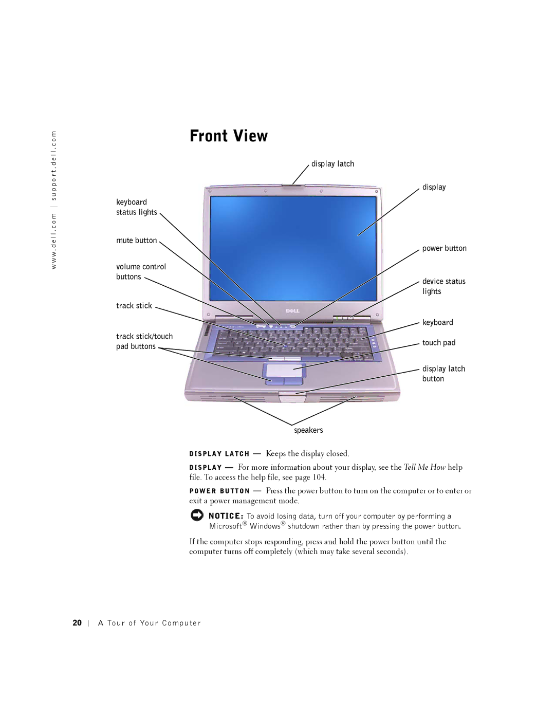 Dell 8500 manual Front View, Mute button, Track stick, Display latch Power button 