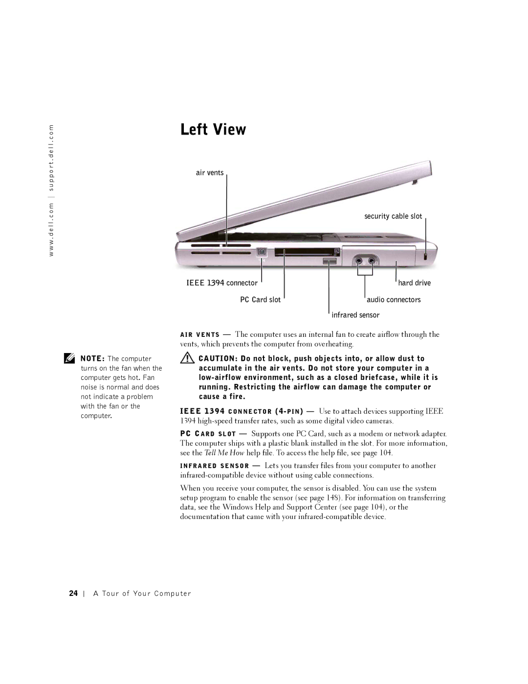 Dell 8500 Left View, Air vents Security cable slot Ieee 1394 connector, PC Card slot Audio connectors Infrared sensor 