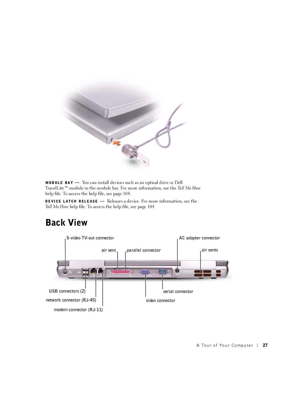 Dell 8500 manual Back View, Video TV-out connector, Air vent Parallel connector Air vents USB connectors 