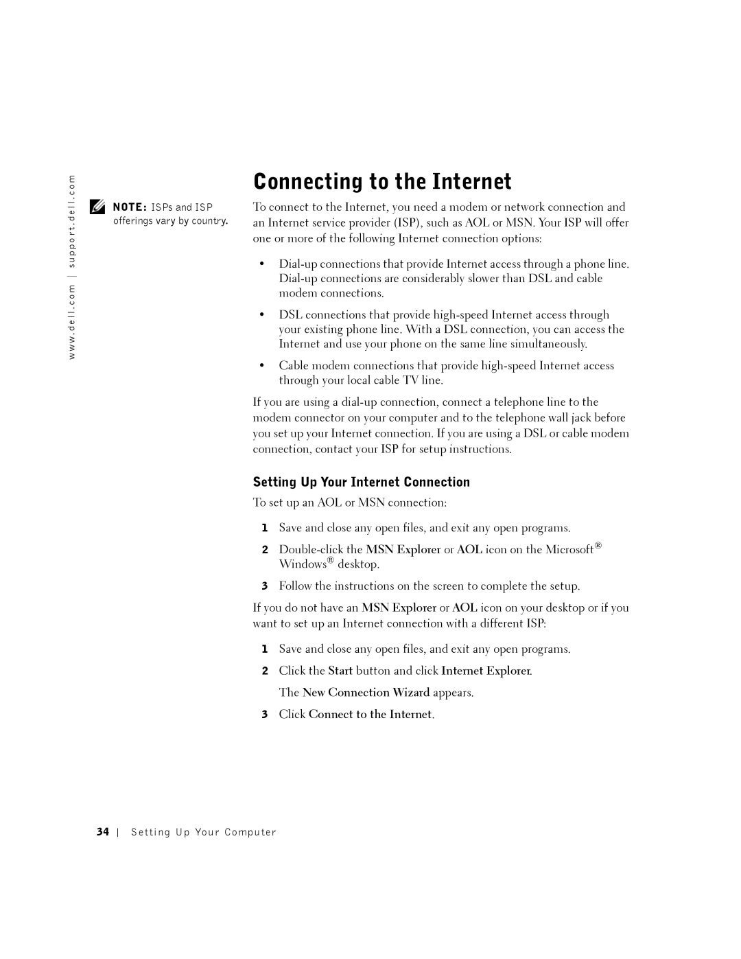 Dell 8500 manual Connecting to the Internet, Setting Up Your Internet Connection 