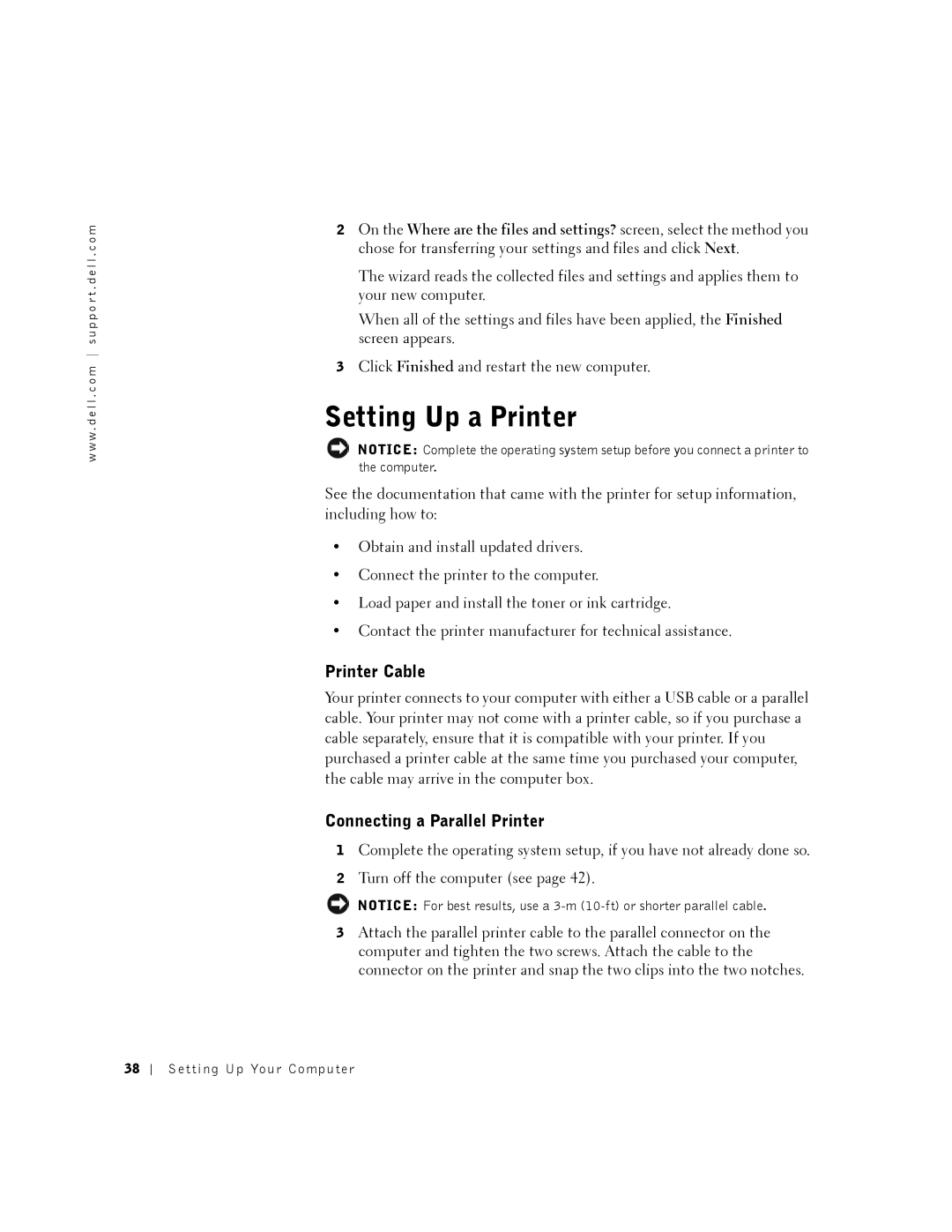 Dell 8500 manual Setting Up a Printer, Printer Cable, Connecting a Parallel Printer 