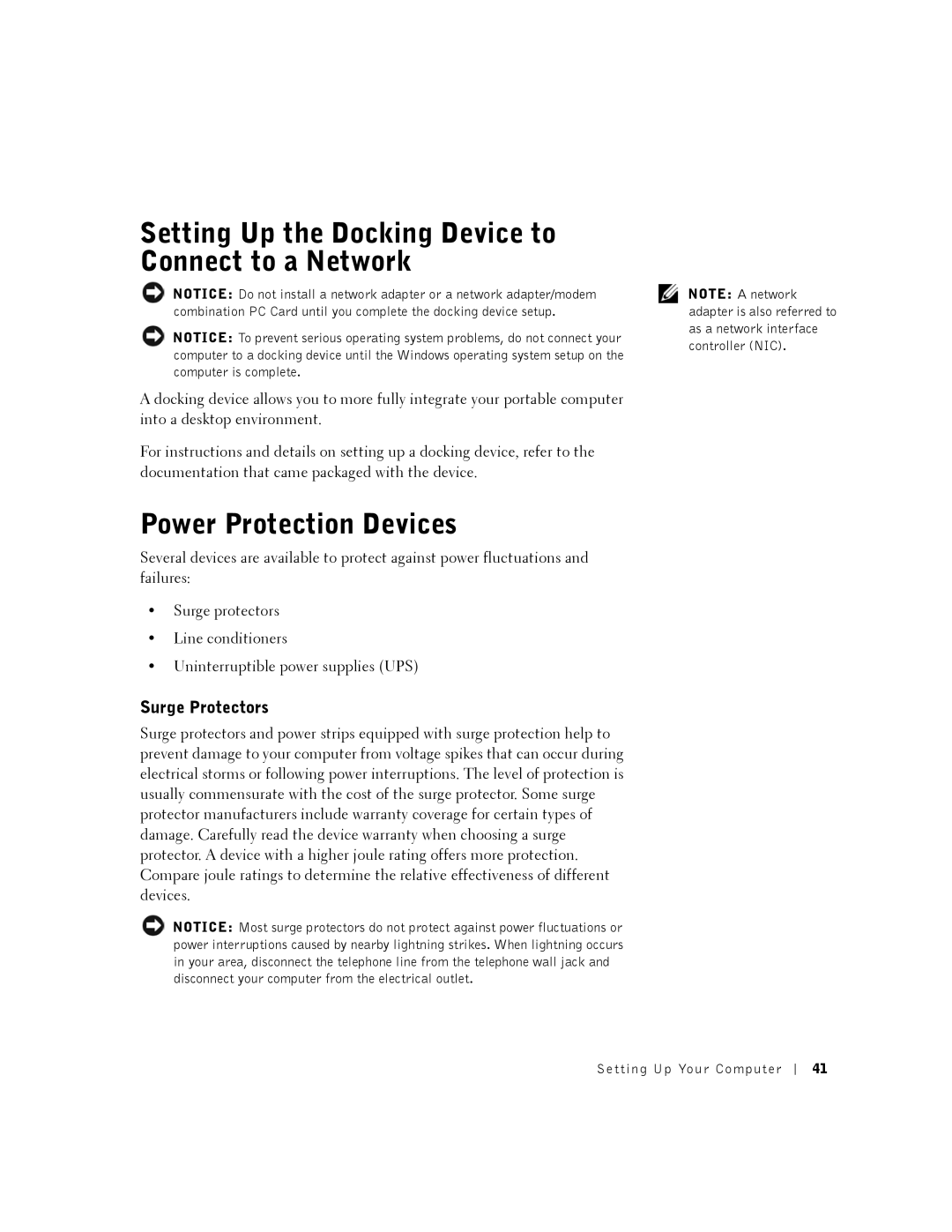 Dell 8500 manual Setting Up the Docking Device to Connect to a Network, Power Protection Devices, Surge Protectors 