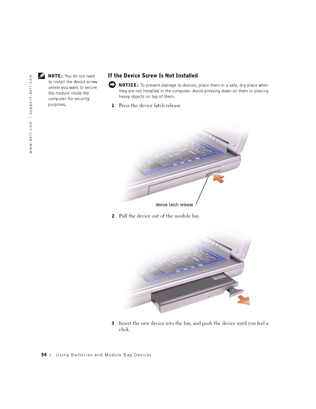 Dell 8500 manual If the Device Screw Is Not Installed, Device latch release 