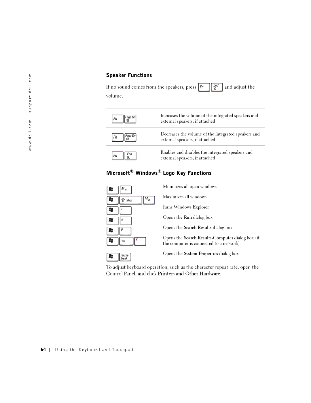 Dell 8500 manual Speaker Functions, Microsoft Windows Logo Key Functions 