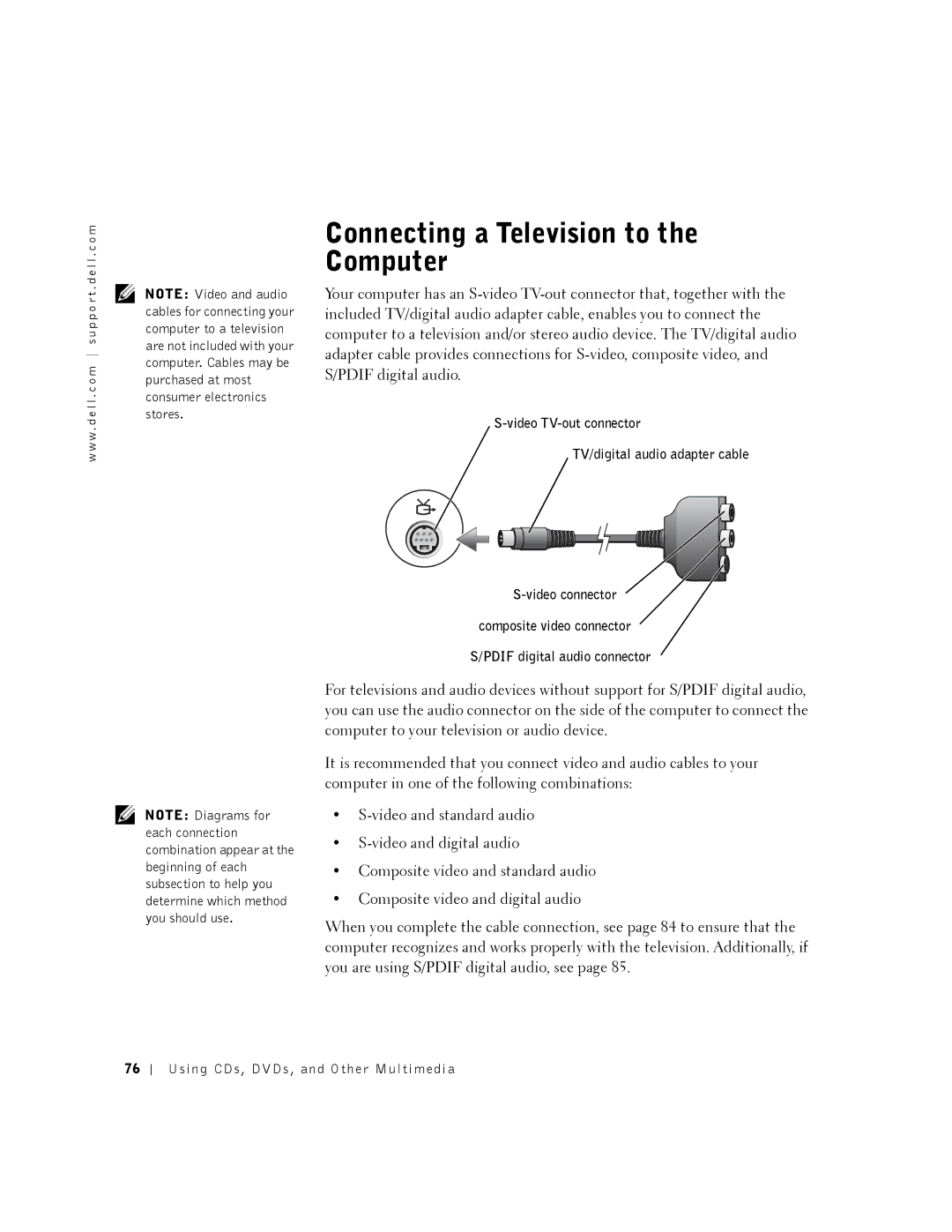 Dell 8500 manual Connecting a Television to the Computer, Video TV-out connector TV/digital audio adapter cable 