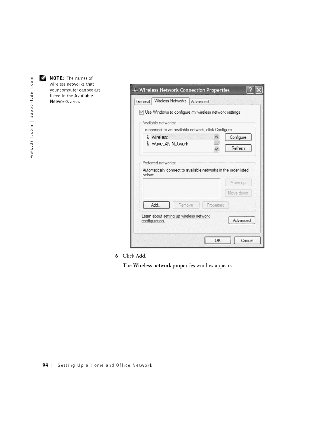 Dell 8500 manual Wireless network properties window appears, Networks area 