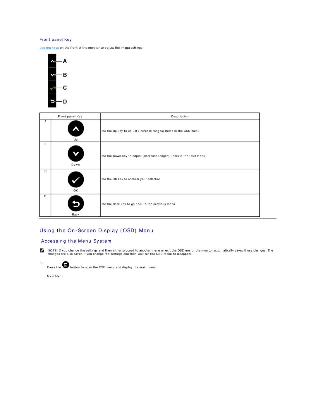 Dell 857-10569 manual Using the On-Screen Display OSD Menu, Accessing the Menu System, Down, Back 