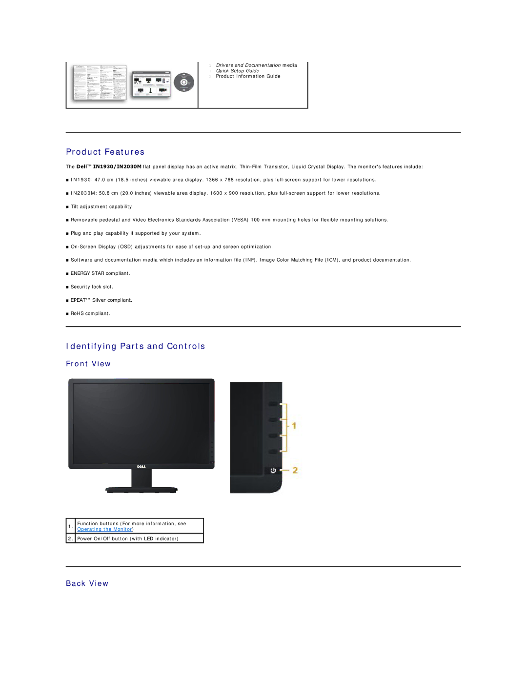 Dell 857-10569 manual Product Features, Identifying Parts and Controls, Front View, Back View 