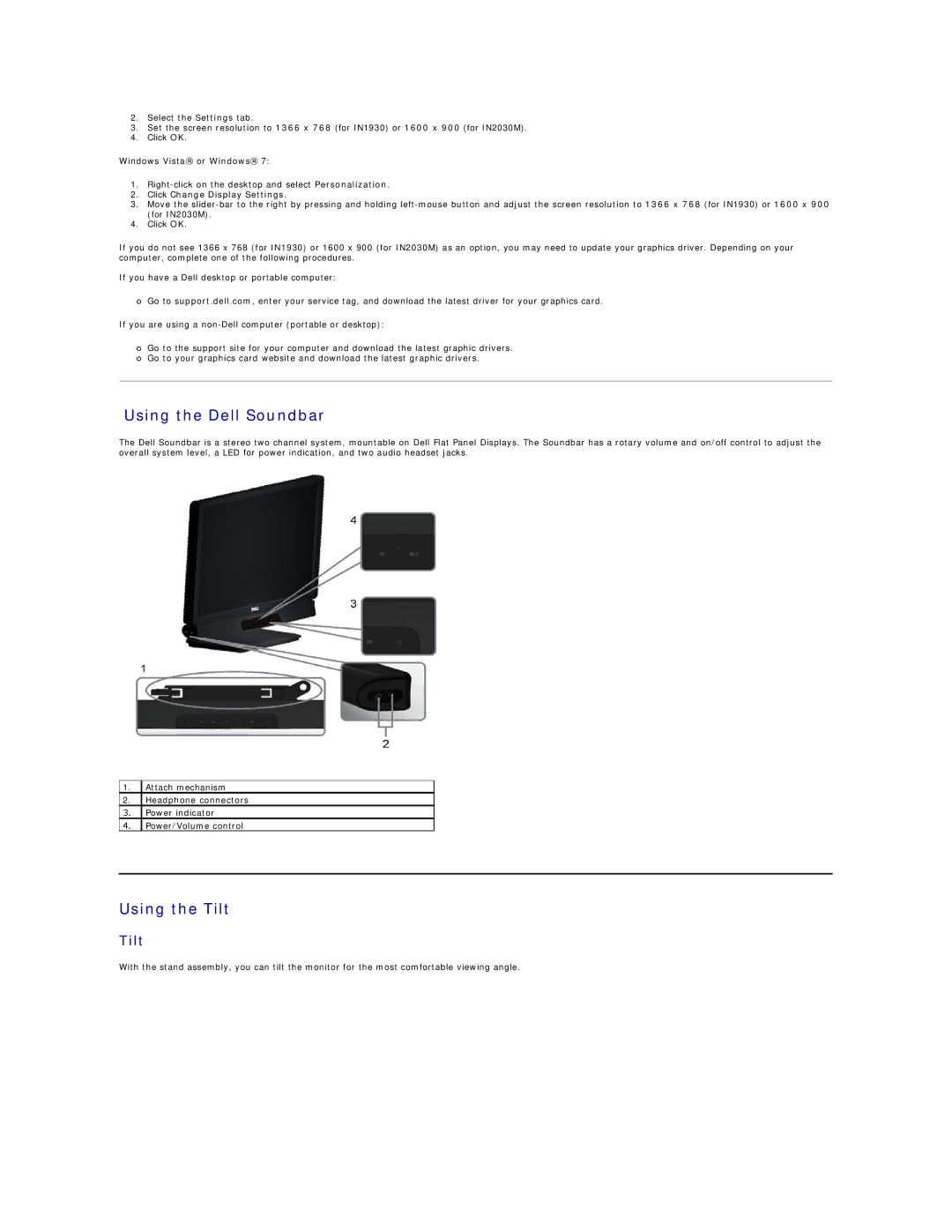 Dell 857-10569 manual Using the Dell Soundbar, Using the Tilt, Click Change Display Settings 