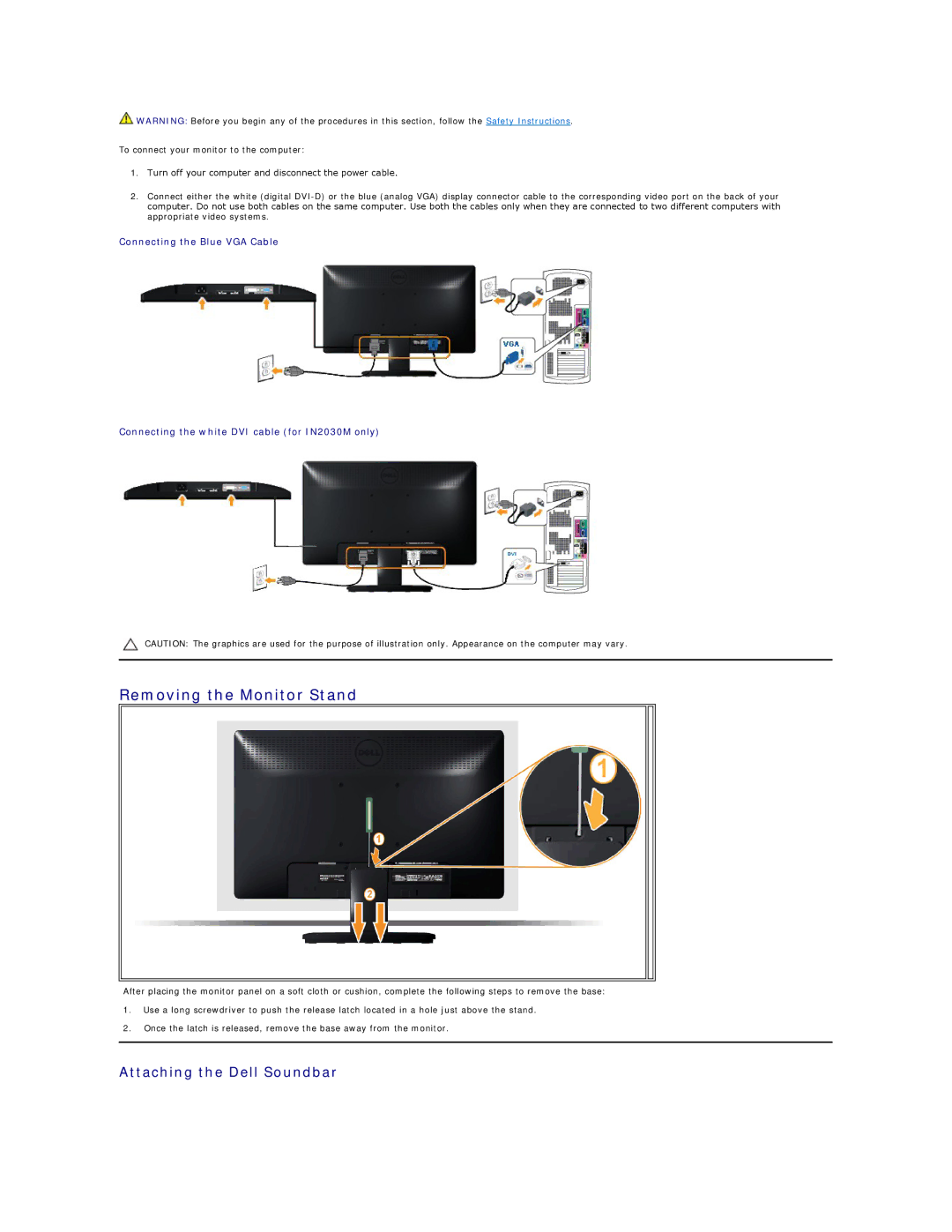 Dell 857-10569 manual Removing the Monitor Stand, Attaching the Dell Soundbar 