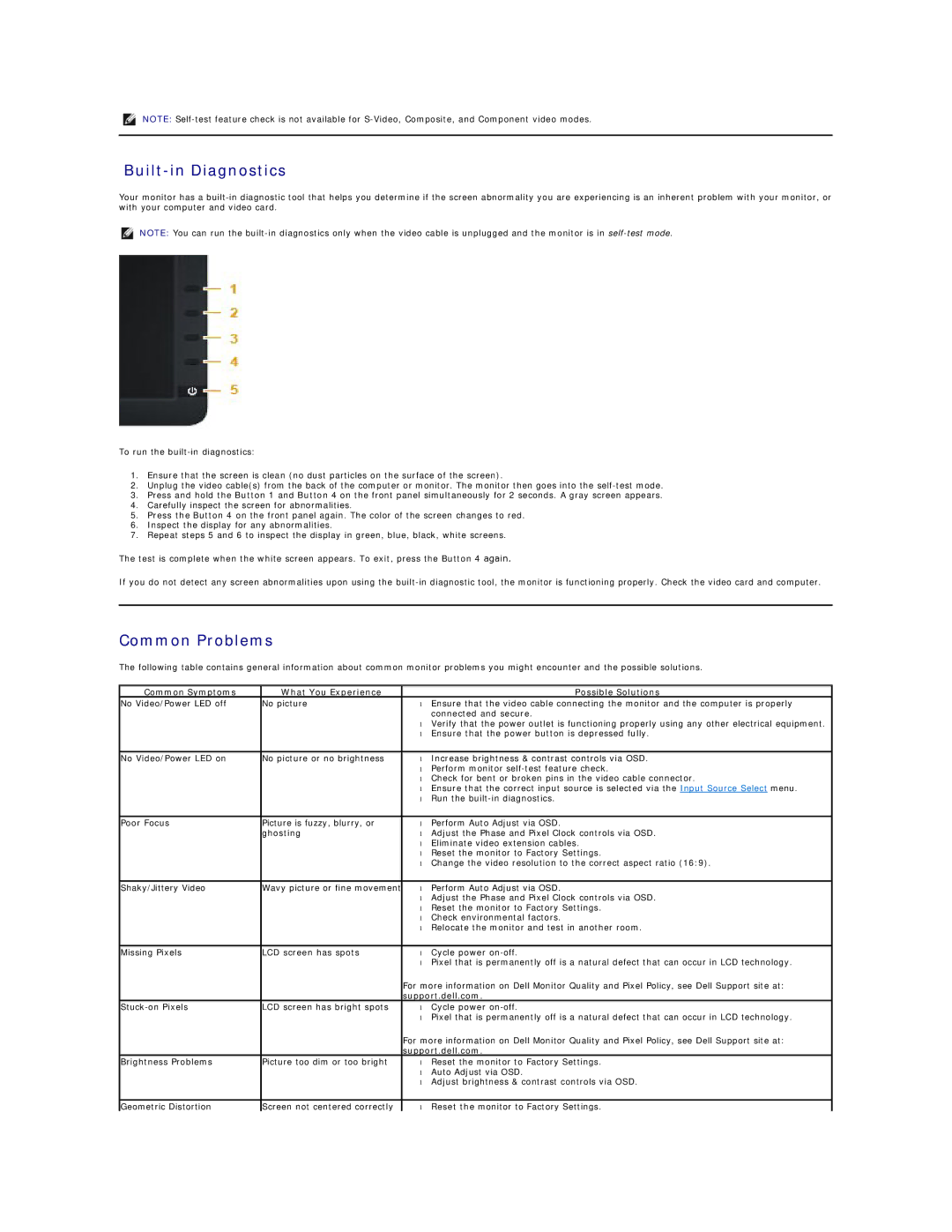 Dell 857-10569 manual Built-in Diagnostics, Common Problems, Common Symptoms What You Experience Possible Solutions 