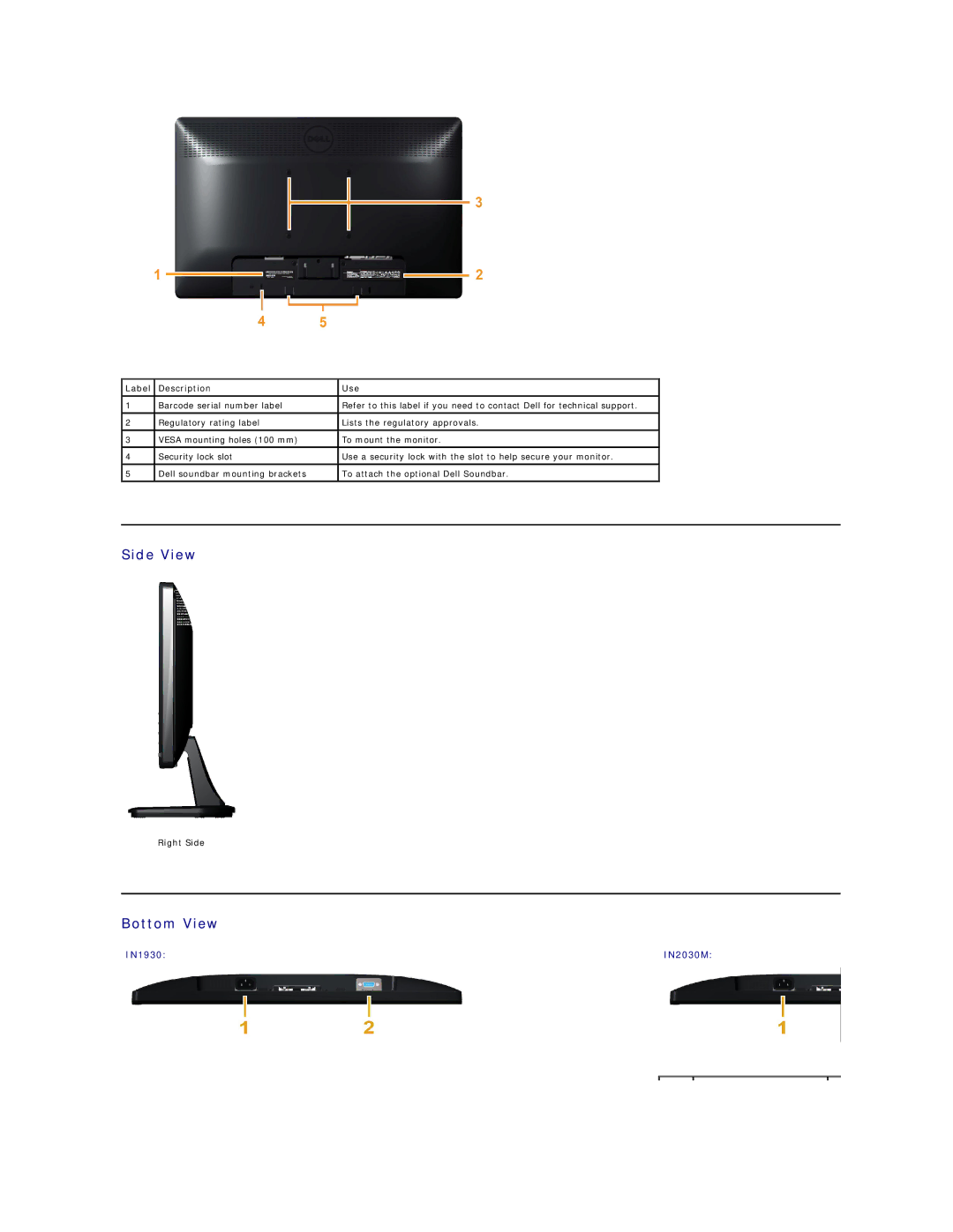 Dell 857-10569 manual Side View, Bottom View, Label Description Use, Right Side 