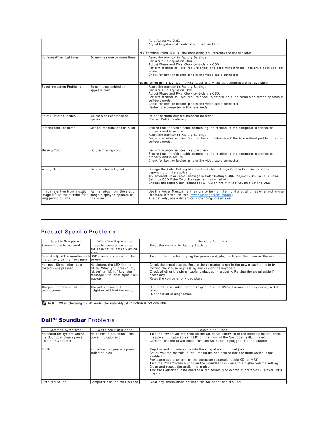 Dell 857-10569 Product Specific Problems, Dell Soundbar Problems, Specific Symptoms What You Experience Possible Solutions 