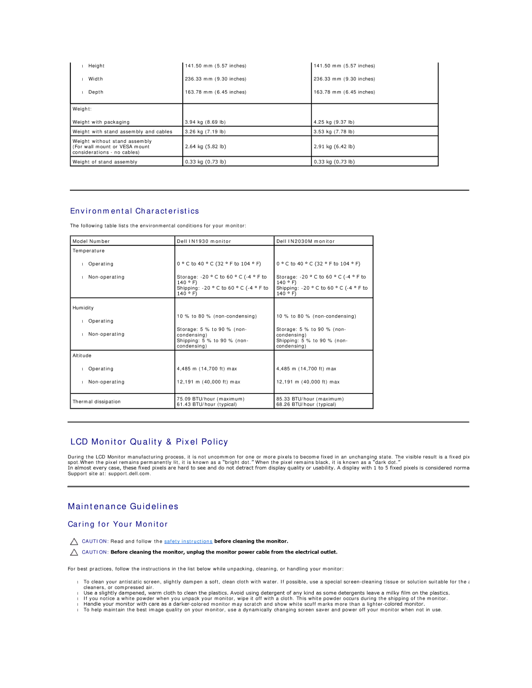 Dell 857-10569 manual LCD Monitor Quality & Pixel Policy, Maintenance Guidelines, Environmental Characteristics 