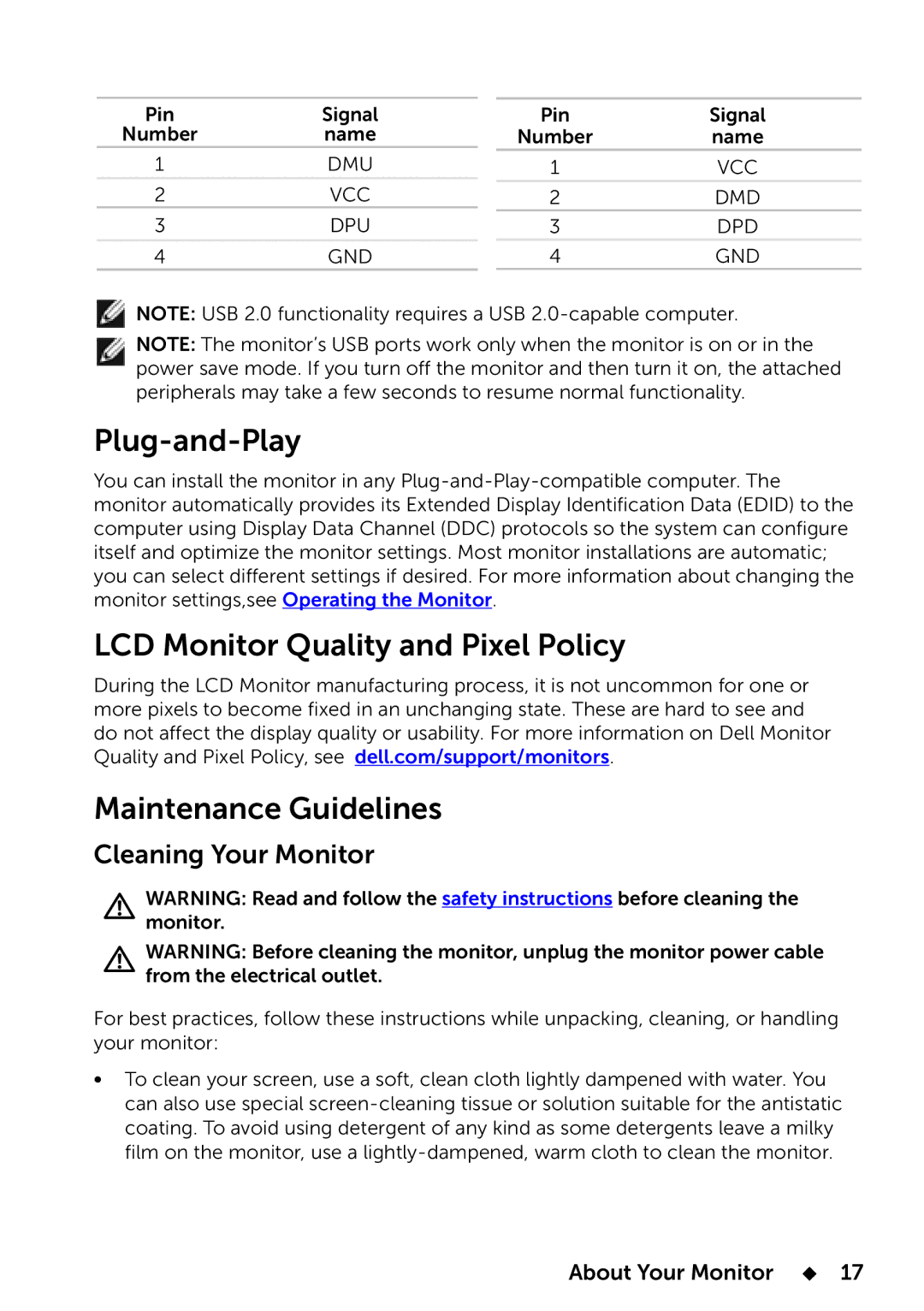 Dell E2014T, 858-BBBE Plug-and-Play, LCD Monitor Quality and Pixel Policy Maintenance Guidelines, Cleaning Your Monitor 