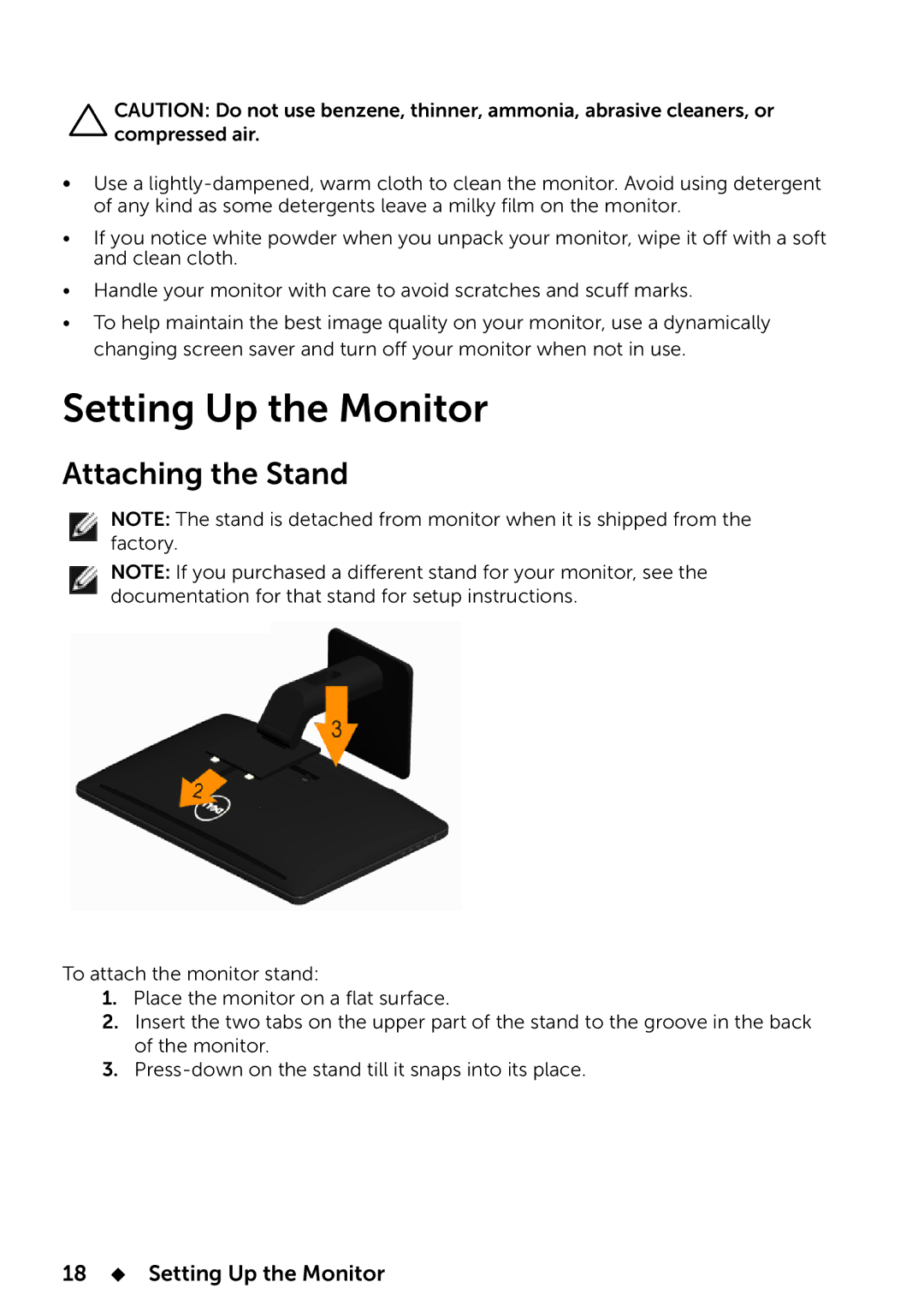 Dell 858-BBBE, E2014T manual Attaching the Stand, 18  Setting Up the Monitor 