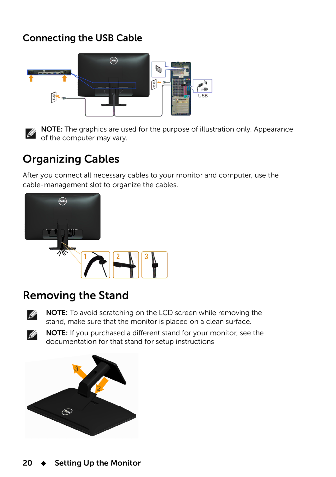 Dell 858-BBBE, E2014T manual Organizing Cables, Removing the Stand, Connecting the USB Cable, 20  Setting Up the Monitor 