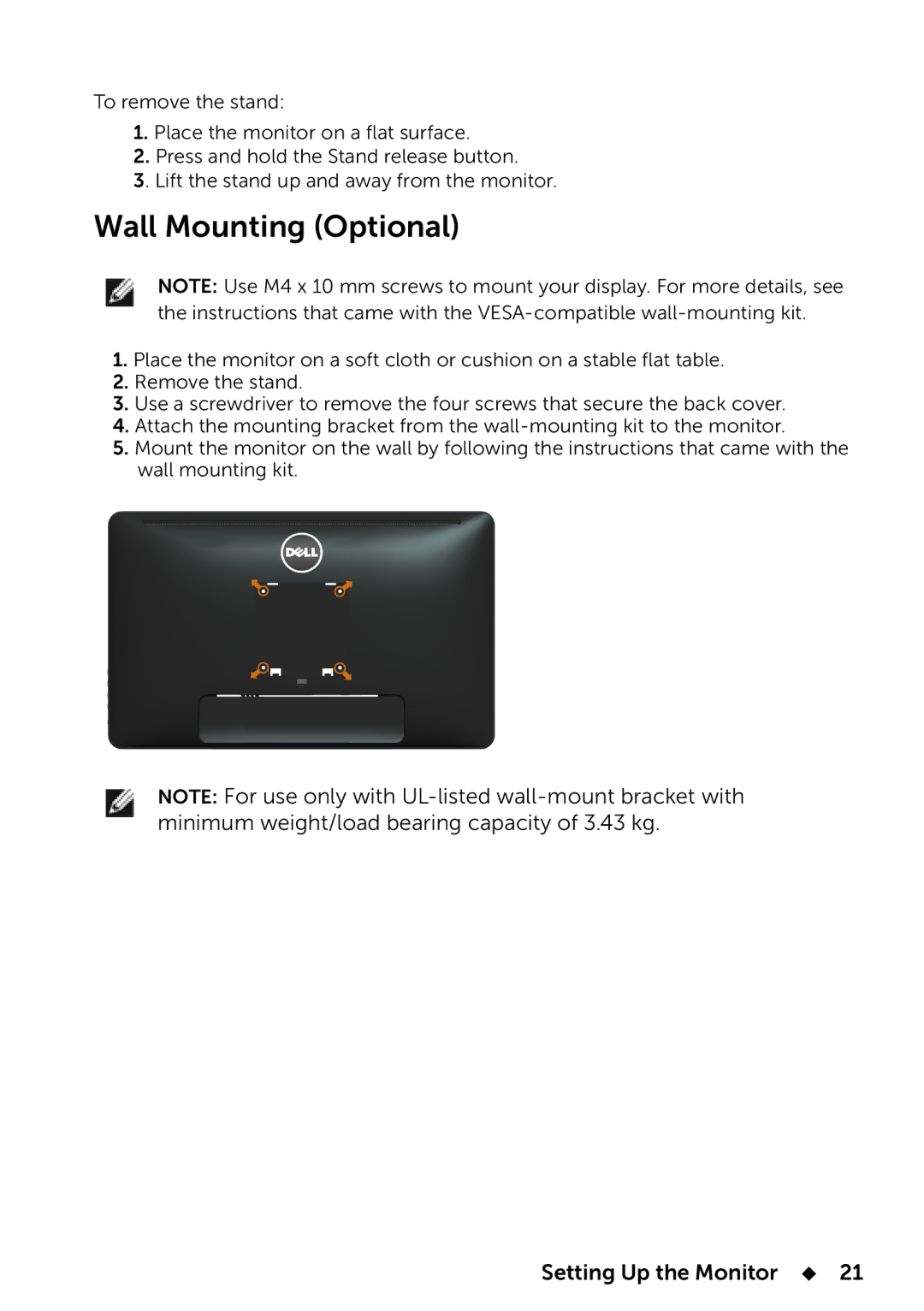 Dell E2014T, 858-BBBE manual Wall Mounting Optional 