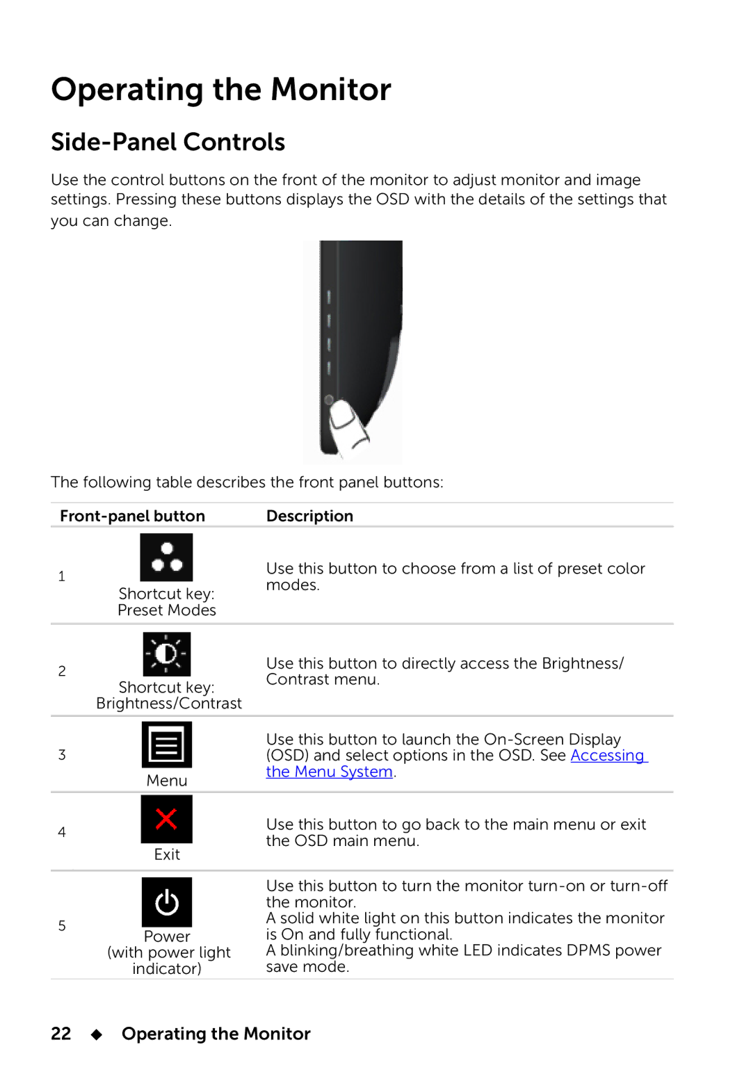 Dell 858-BBBE, E2014T manual Side-Panel Controls, 22  Operating the Monitor 