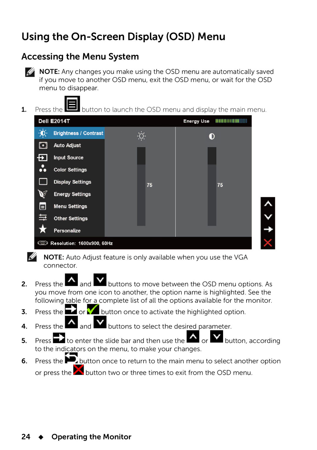 Dell 858-BBBE, E2014T manual Using the On-Screen Display OSD Menu, Accessing the Menu System, 24  Operating the Monitor 