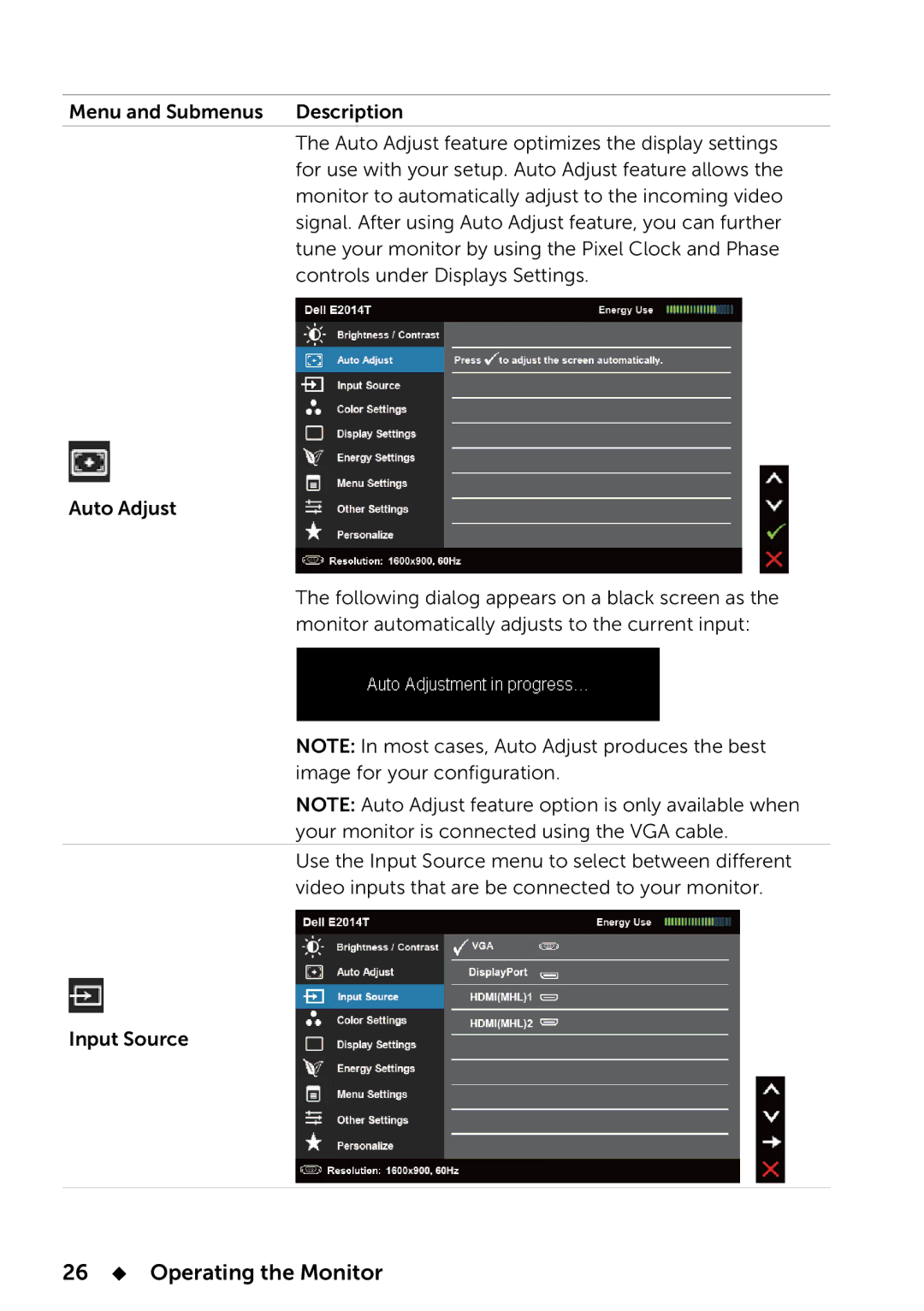 Dell 858-BBBE, E2014T manual 26  Operating the Monitor 