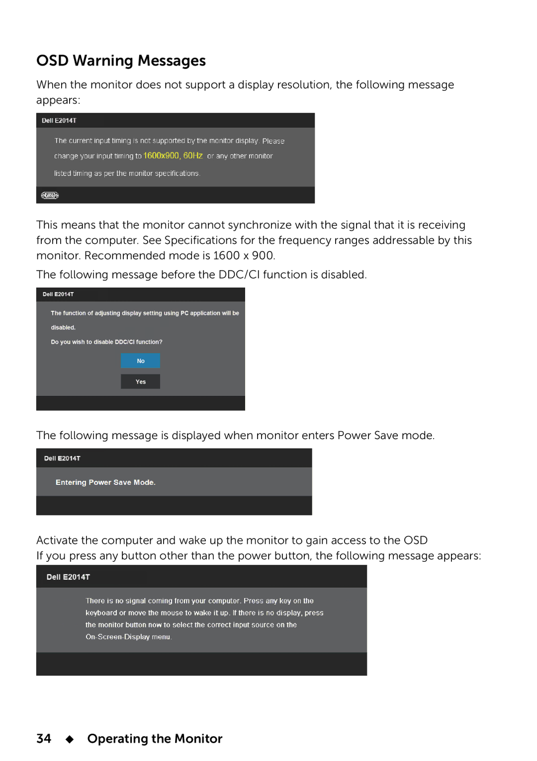 Dell 858-BBBE, E2014T manual OSD Warning Messages, 34  Operating the Monitor 