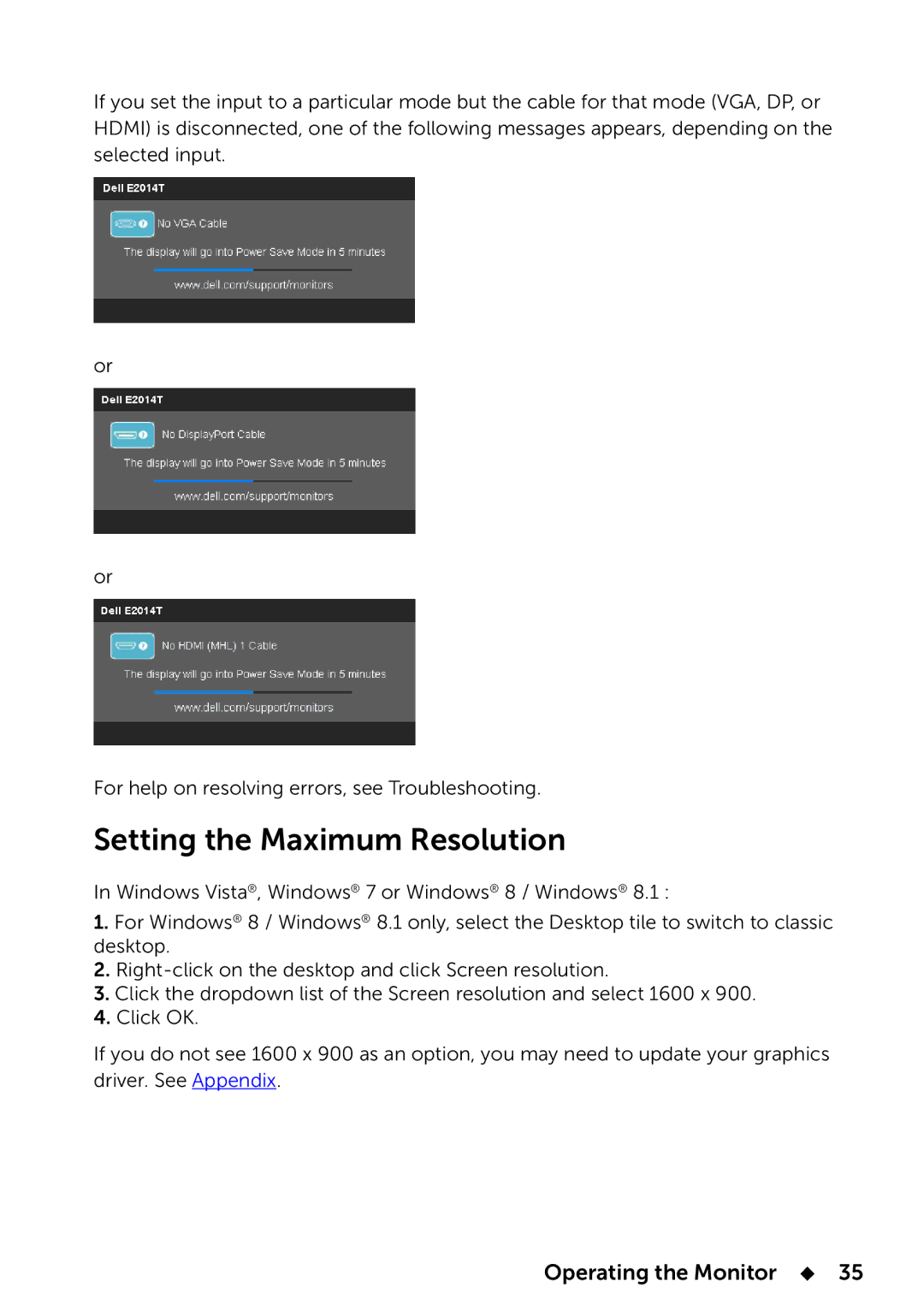 Dell E2014T, 858-BBBE manual Setting the Maximum Resolution 