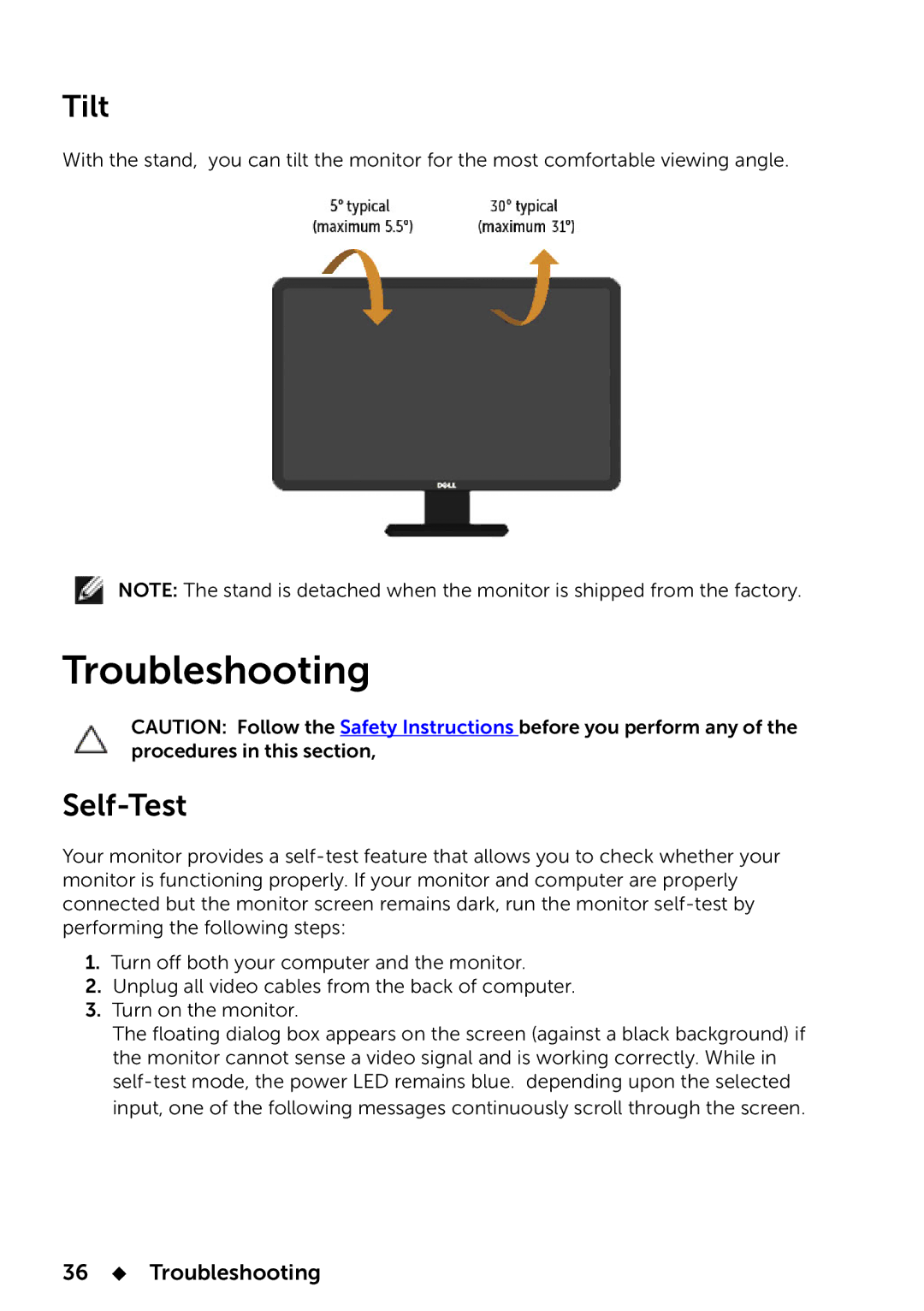 Dell 858-BBBE, E2014T manual Tilt, Self-Test, 36  Troubleshooting 