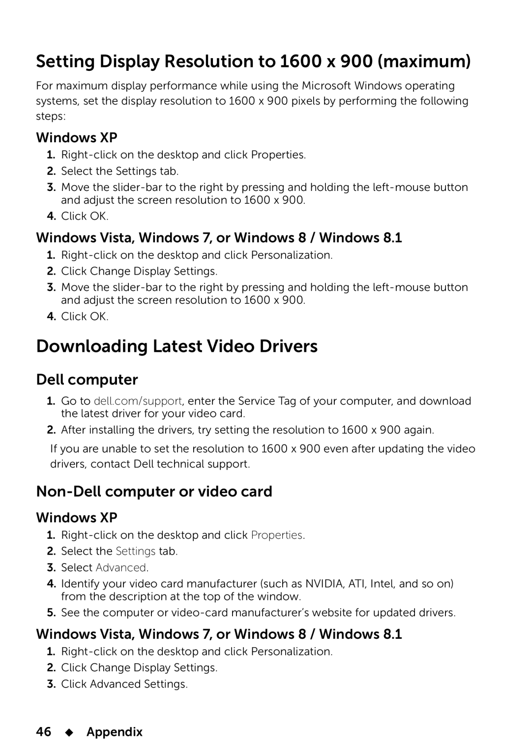 Dell 858-BBBE, E2014T Setting Display Resolution to 1600 x 900 maximum, Downloading Latest Video Drivers, Dell computer 