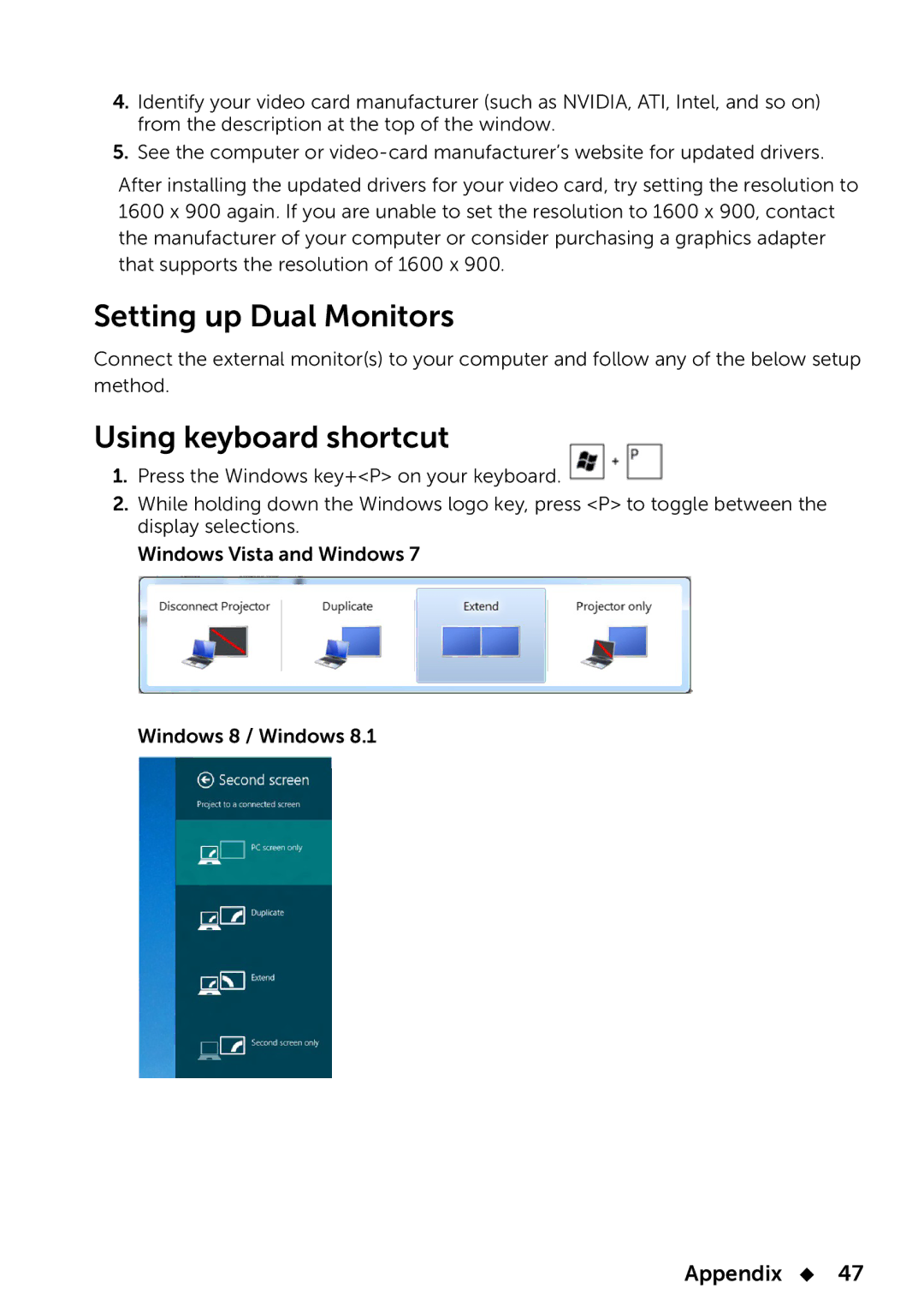 Dell E2014T, 858-BBBE manual Setting up Dual Monitors, Using keyboard shortcut 