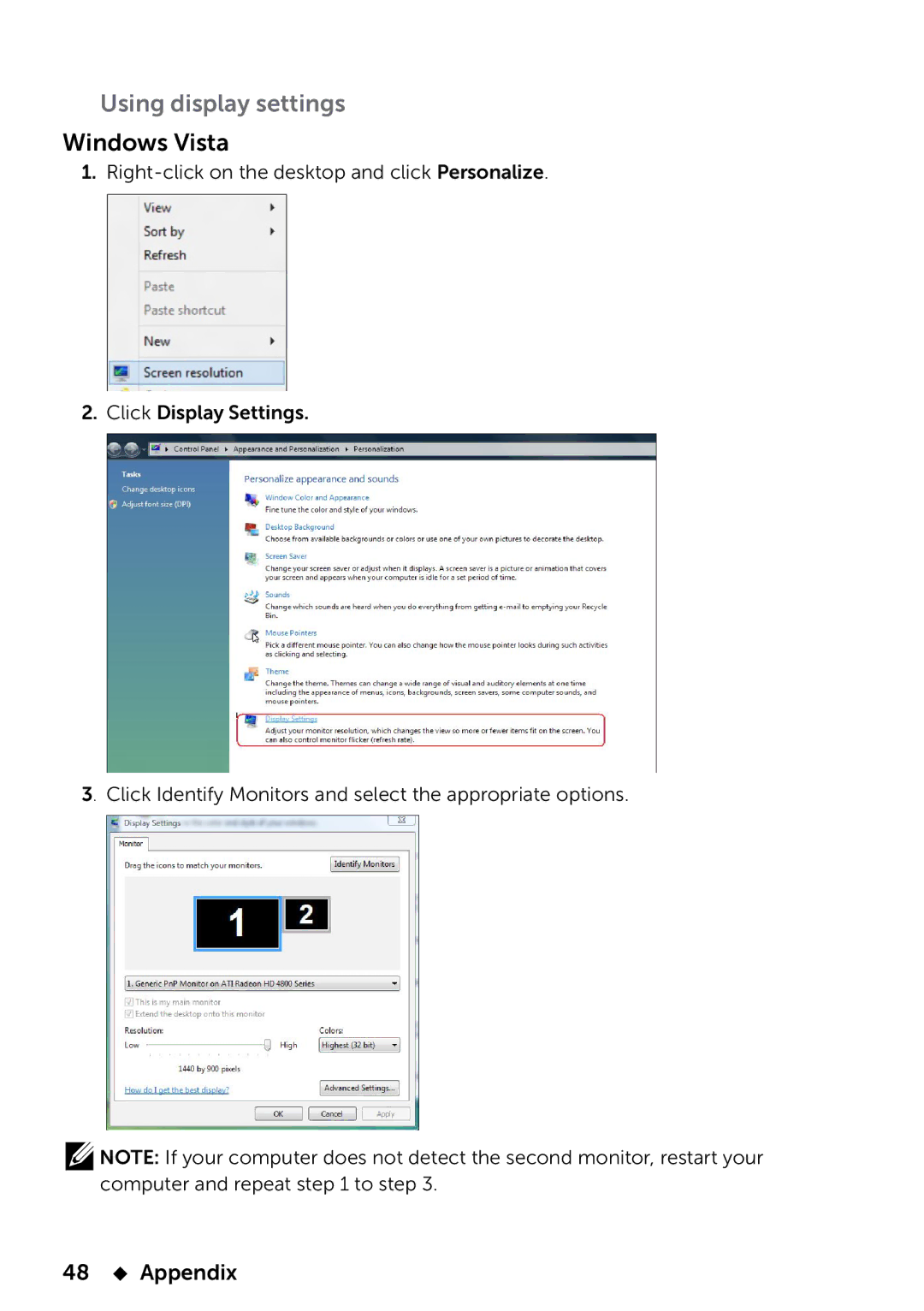 Dell 858-BBBE, E2014T manual Using display settings, 48  Appendix 