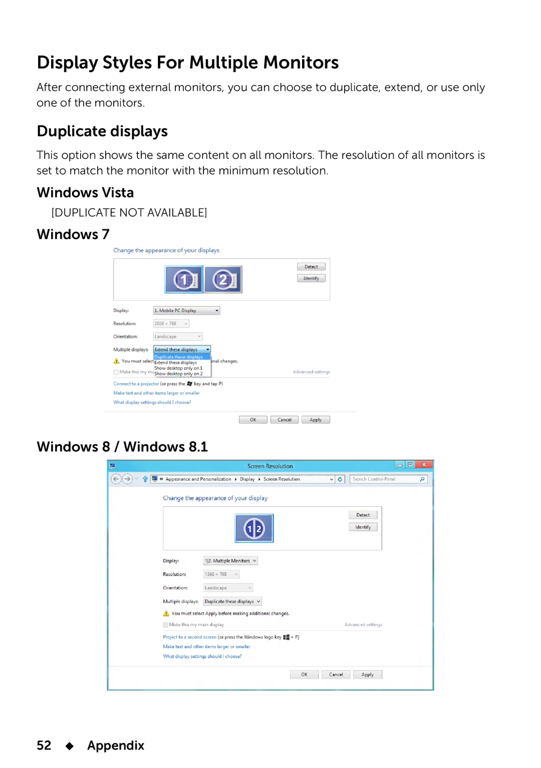 Dell 858-BBBE, E2014T manual Display Styles For Multiple Monitors, Duplicate displays, 52  Appendix 