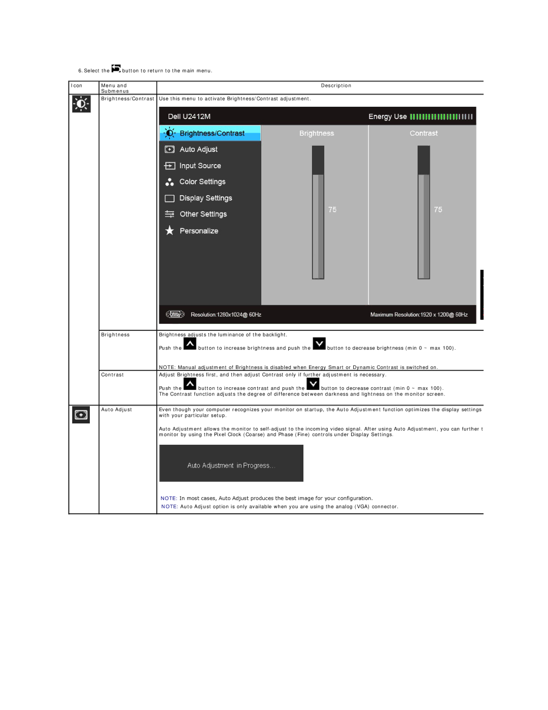 Dell 860-10161, U2412Mb appendix Contrast, Auto Adjust 