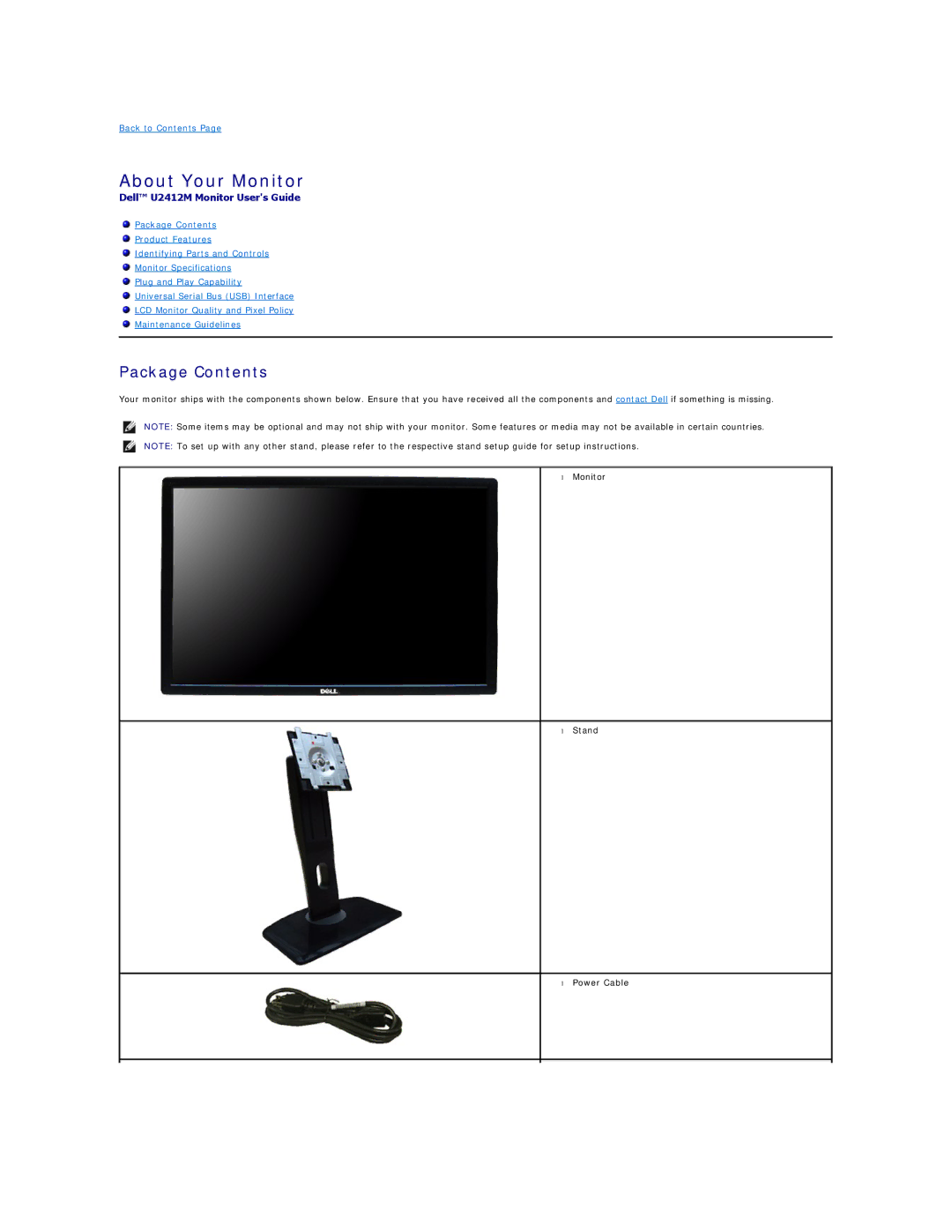 Dell U2412Mb, 860-10161 appendix About Your Monitor, Package Contents 