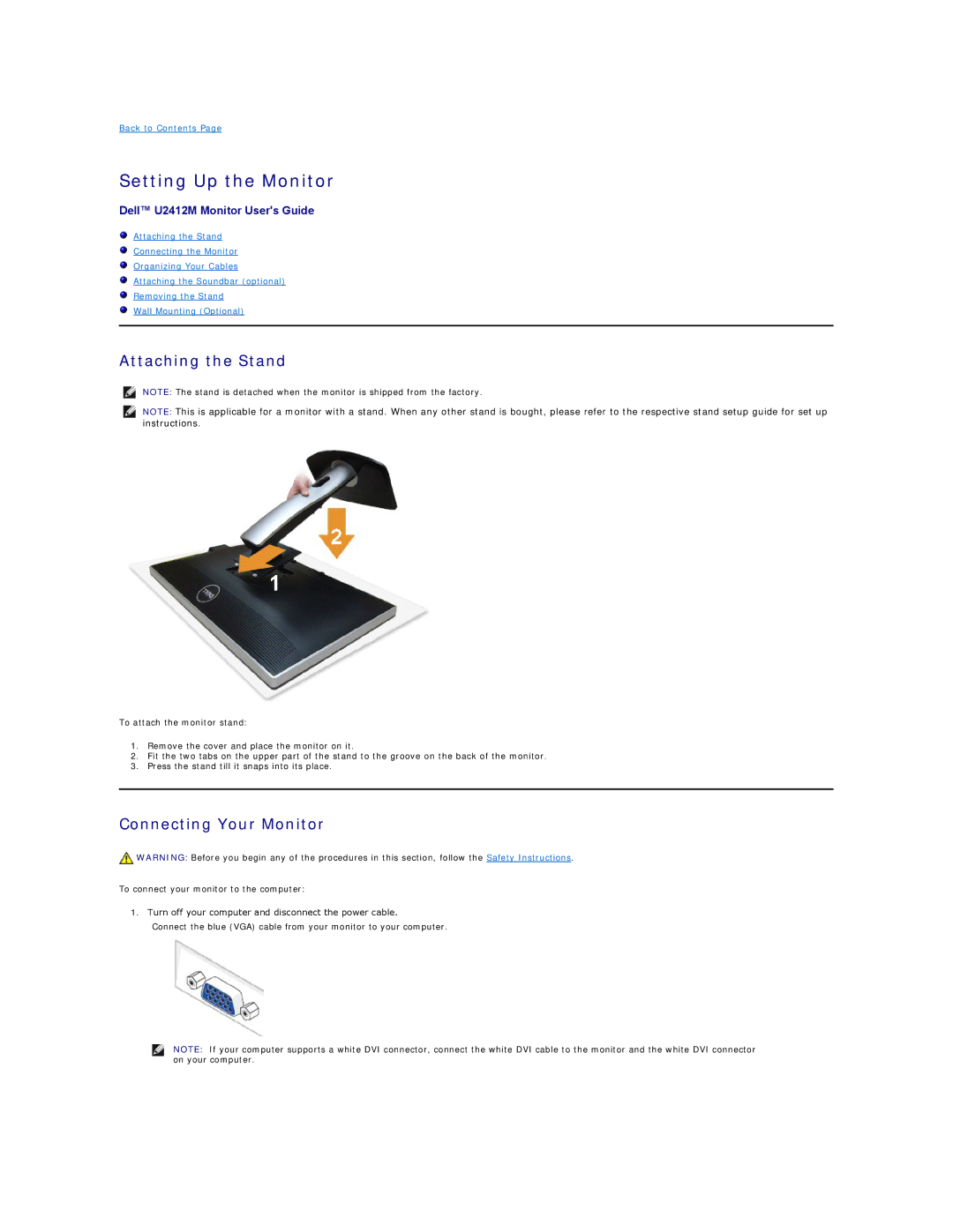 Dell 860-10161, U2412Mb appendix Setting Up the Monitor, Attaching the Stand, Connecting Your Monitor 