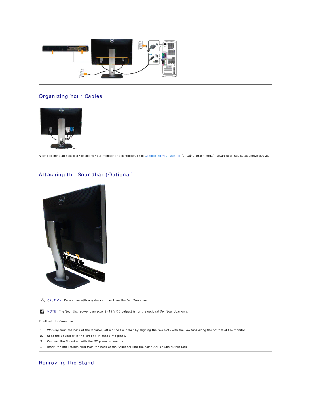 Dell 860-10161, U2412Mb appendix Organizing Your Cables, Attaching the Soundbar Optional, Removing the Stand 