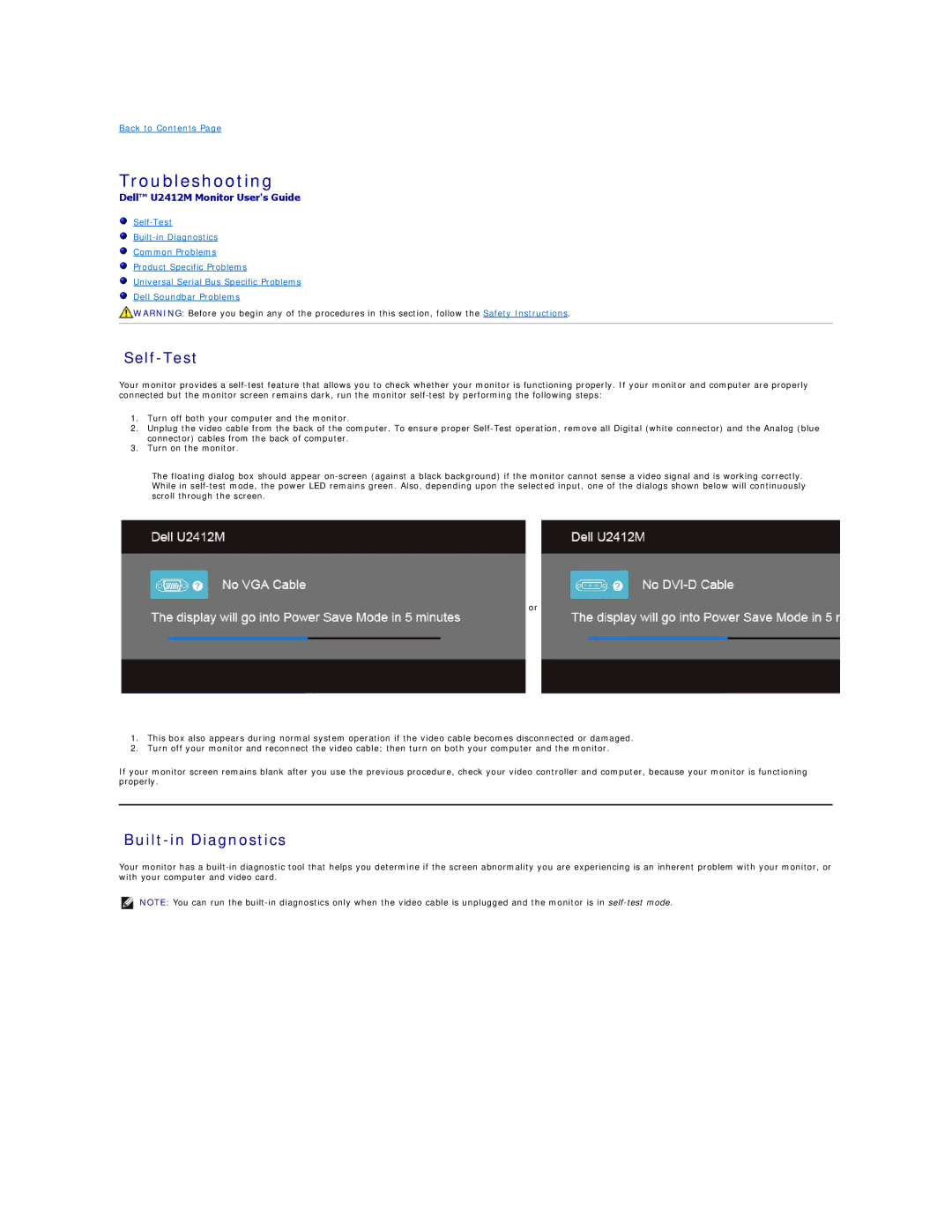 Dell 860-10161, U2412Mb appendix Troubleshooting, Self-Test, Built-in Diagnostics 