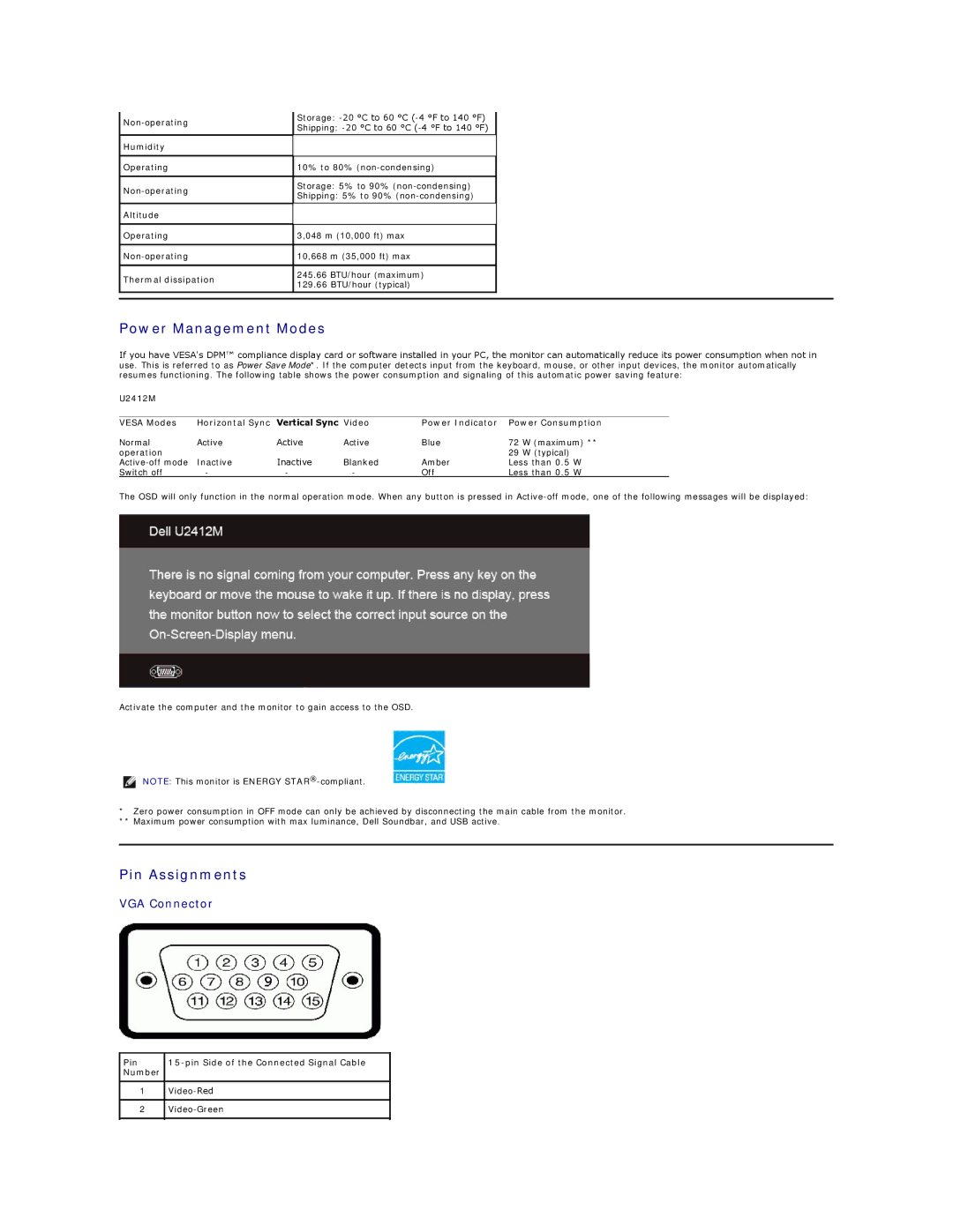 Dell U2412Mb, 860-10161 appendix Power Management Modes, Pin Assignments 