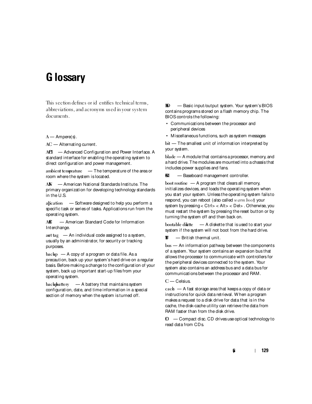 Dell 860 owner manual 129, Amperes AC Alternating current, BTU British thermal unit, Celsius 