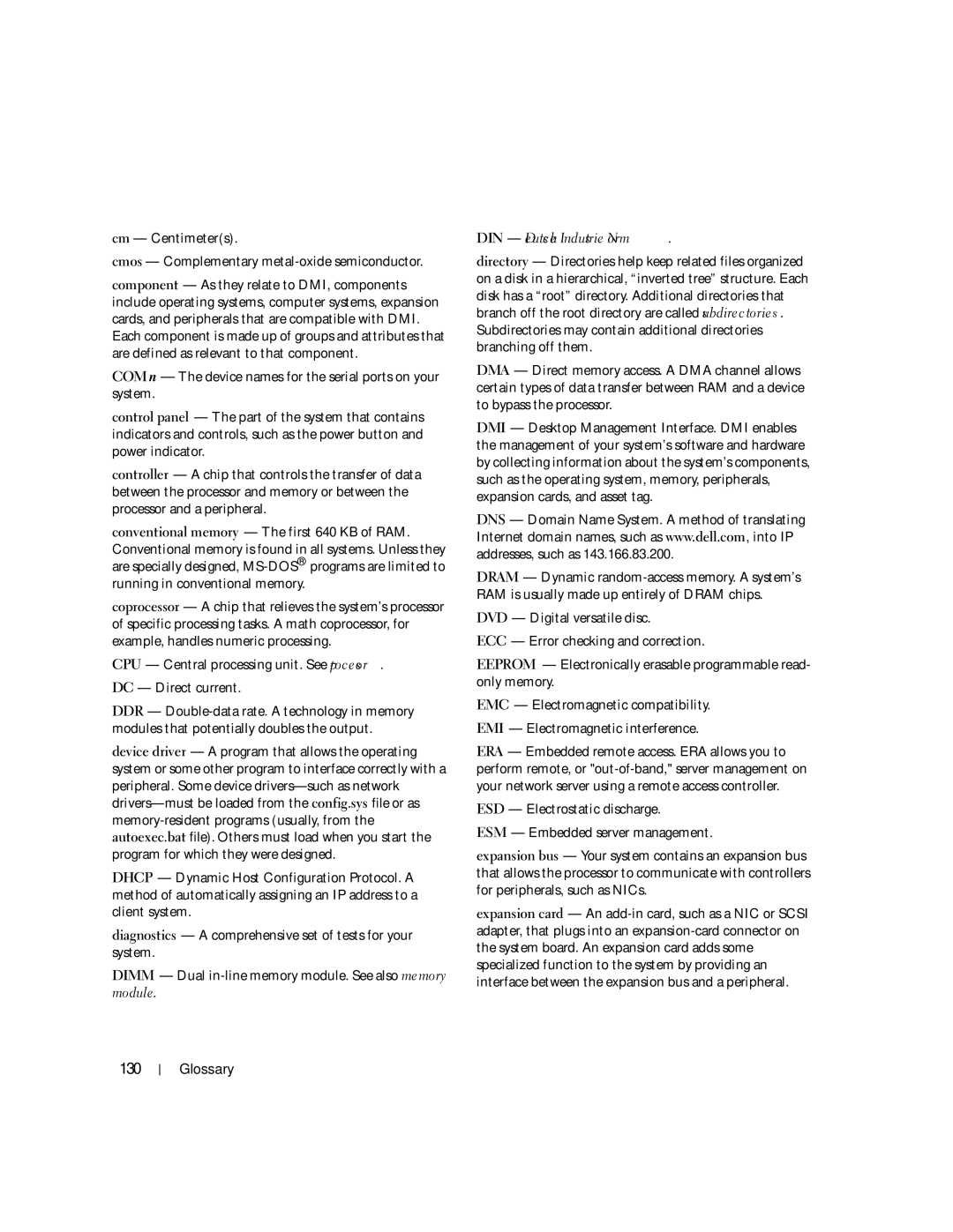 Dell 860 owner manual 130, Cm Centimeters Cmos Complementary metal-oxide semiconductor 