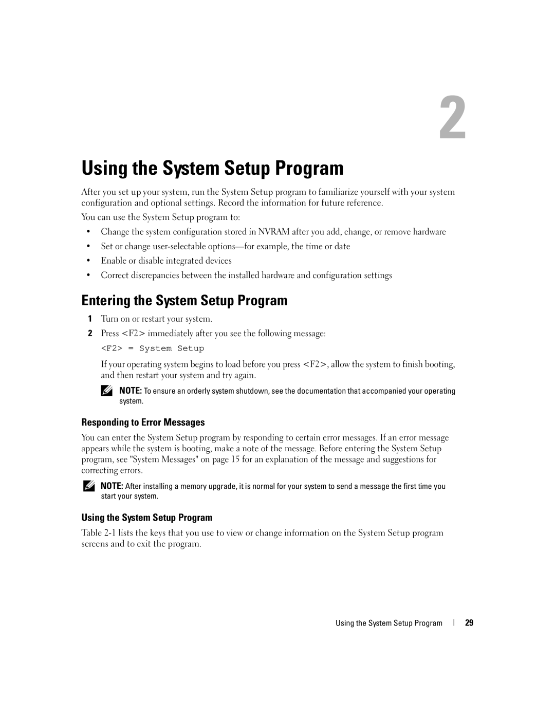 Dell 860 owner manual Entering the System Setup Program, Responding to Error Messages, Using the System Setup Program 