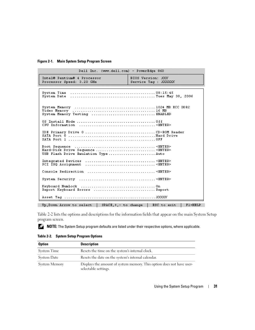 Dell 860 owner manual Main System Setup Program Screen, Selectable settings 