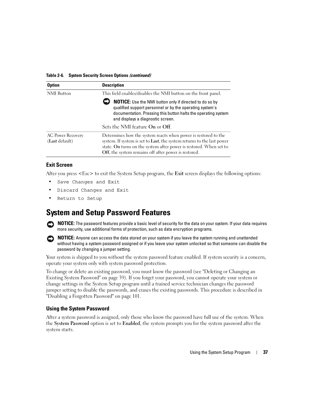 Dell 860 System and Setup Password Features, Exit Screen, Using the System Password, Sets the NMI feature On or Off 